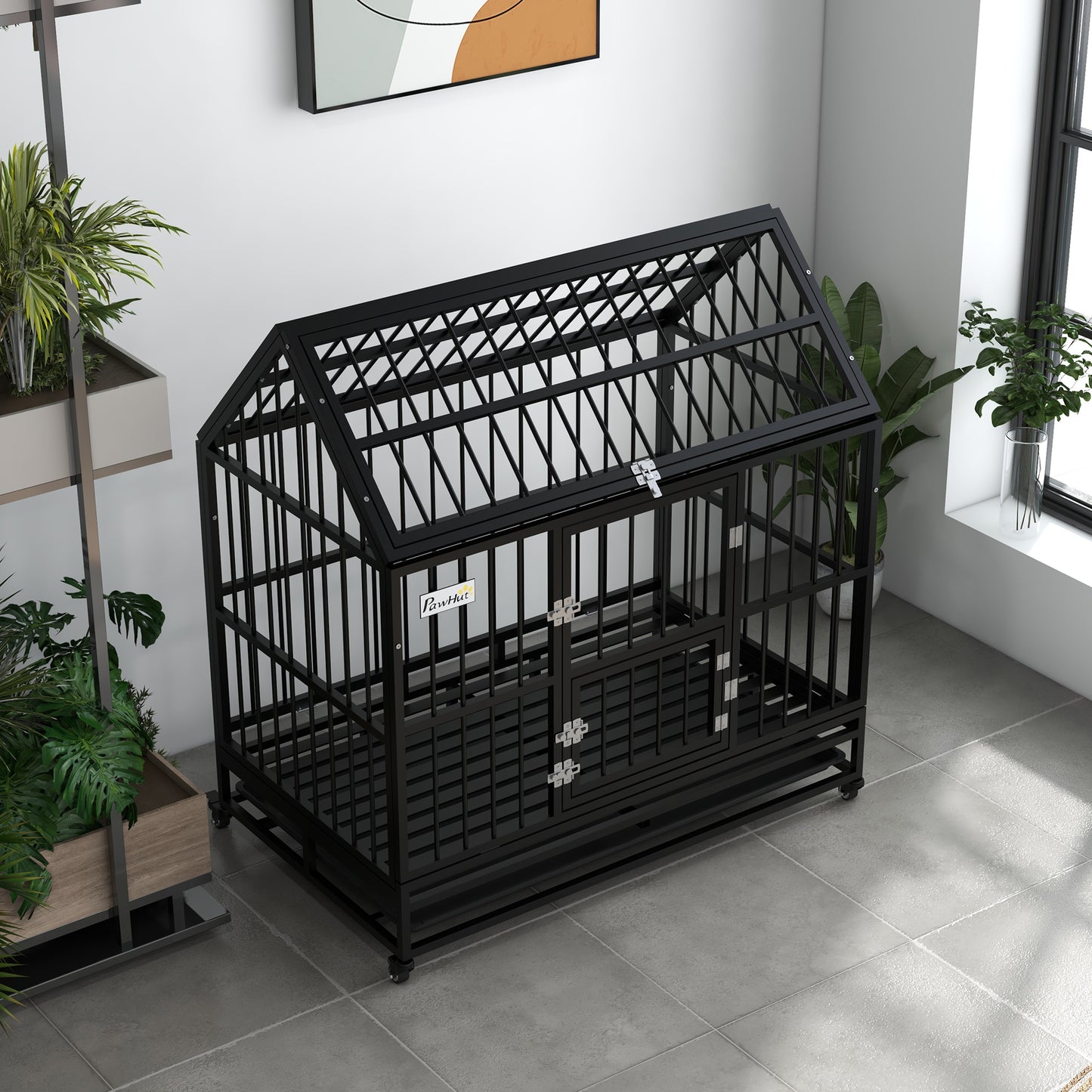 PawHut Jaula para Perros Grandes 123x74x125 cm Perrera Metálica con Ruedas Bandeja Extraíble Cerraduras 2 Puertas Frontal 1 Puerta en Techo y Marco de Acero Negro