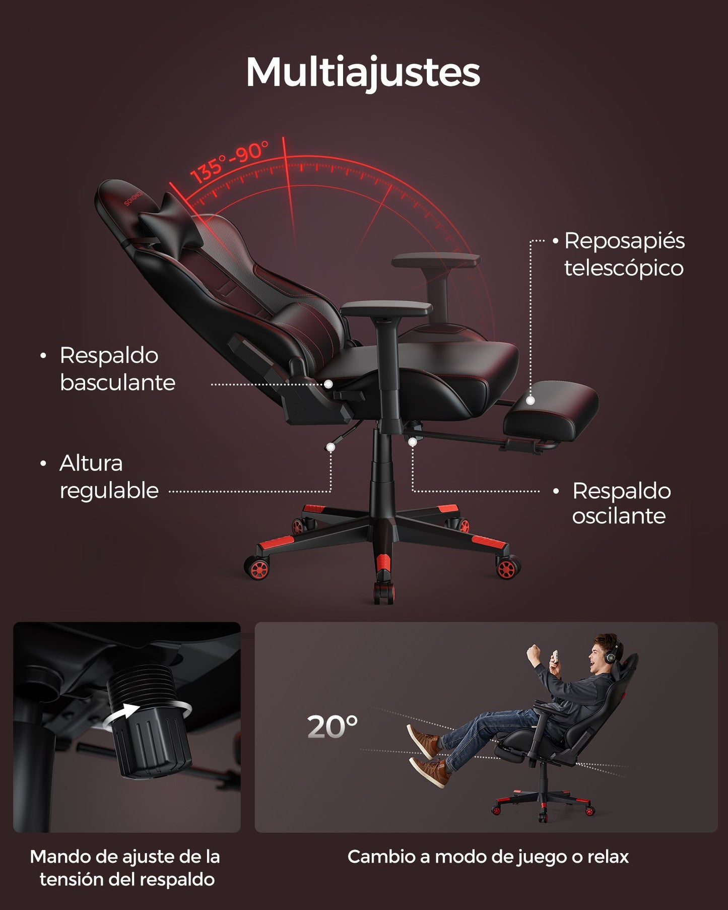 Silla Gaming Giratoria con Respaldo Inclinable Negro y Rojo-SONGMICS