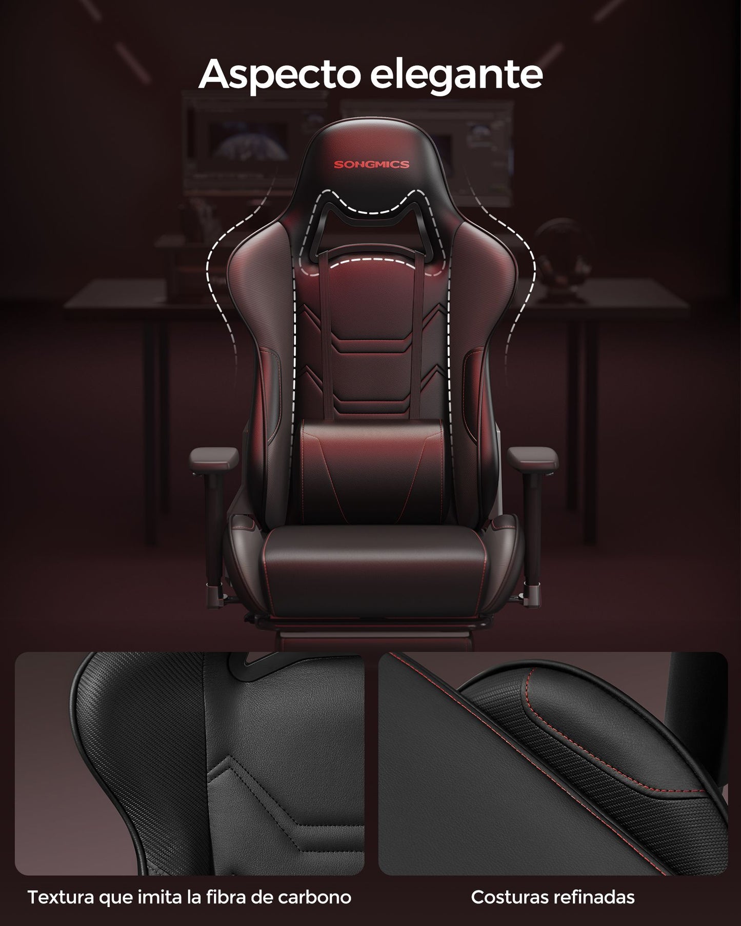 Silla Gaming Giratoria con Respaldo Inclinable Negro y Rojo-SONGMICS