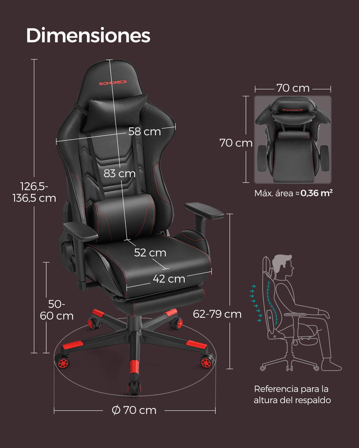 Silla Gaming Giratoria con Respaldo Inclinable Negro y Rojo-SONGMICS