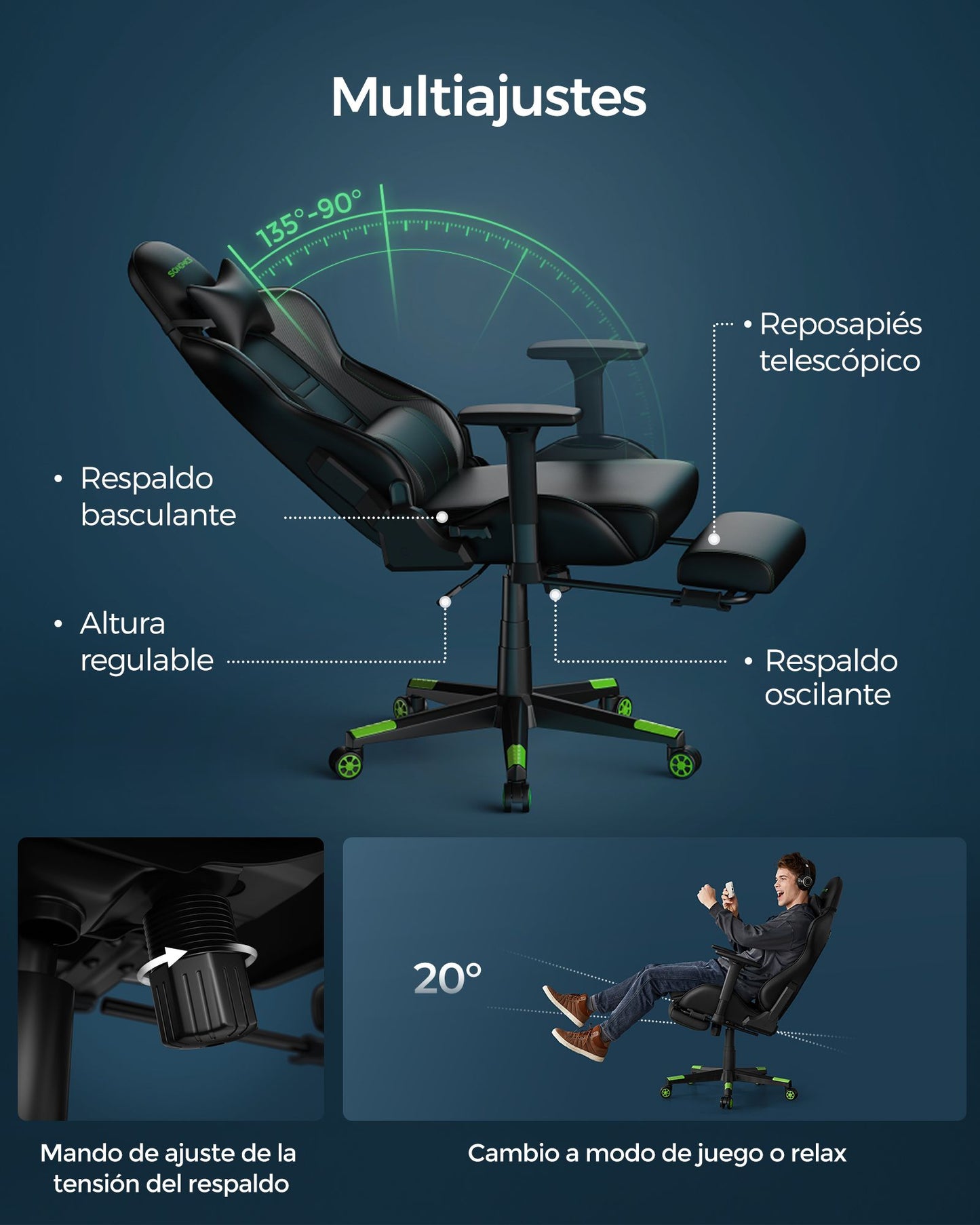 Silla Gaming Giratoria Ergonómica Reposapiés Negro y Verde-SONGMICS