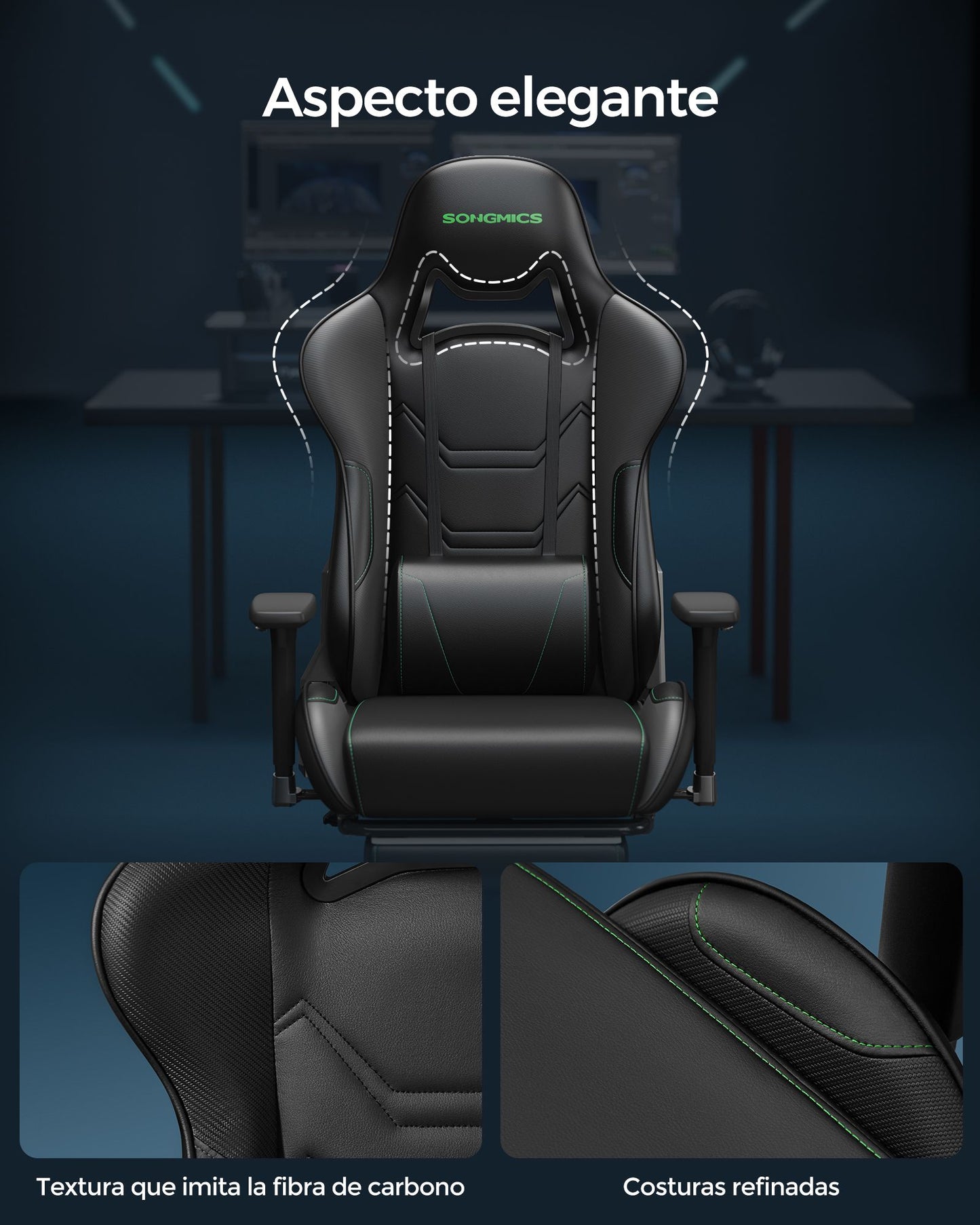 Silla Gaming Giratoria Ergonómica Reposapiés Negro y Verde-SONGMICS