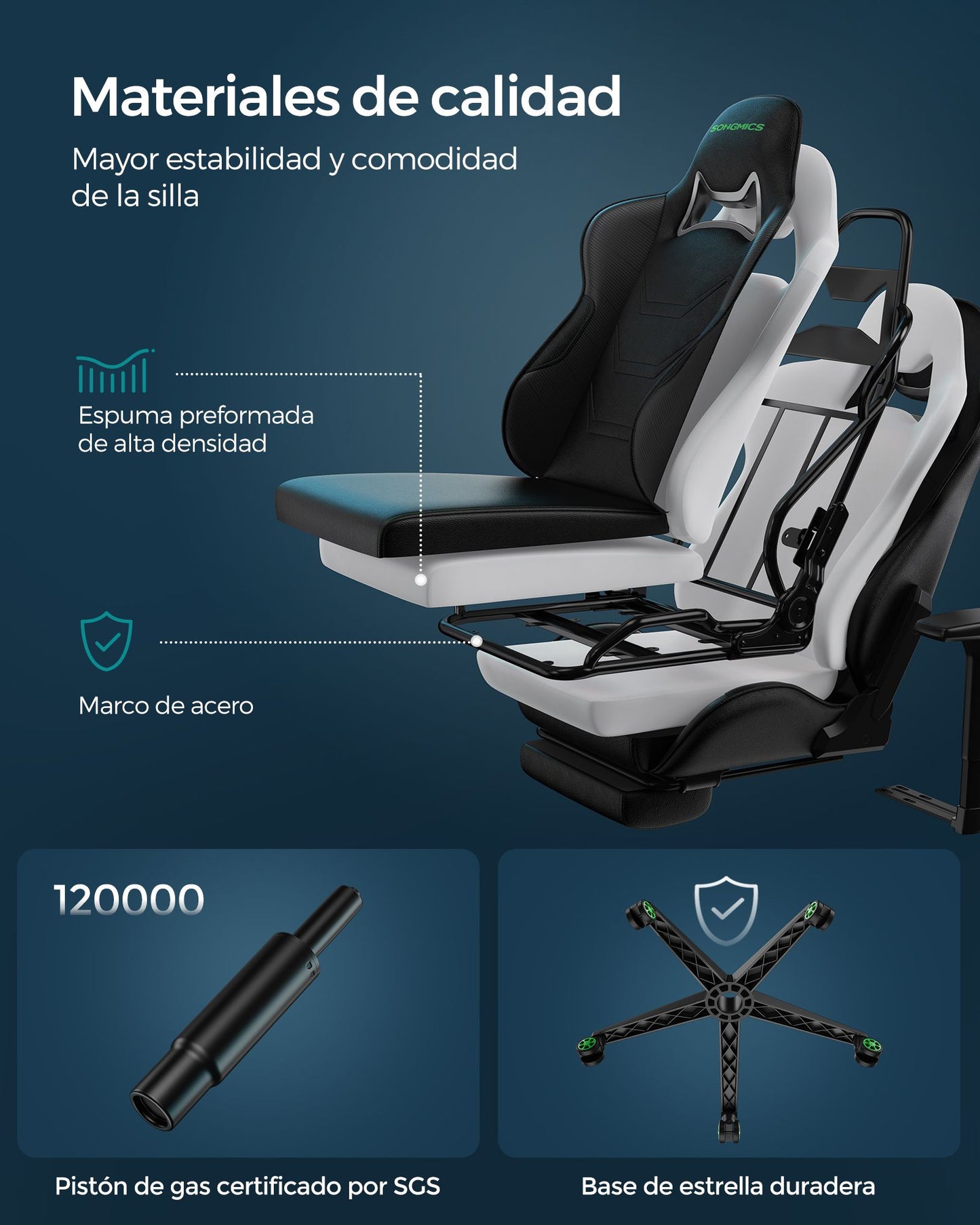 Silla Gaming Giratoria Ergonómica Reposapiés Negro y Verde-SONGMICS