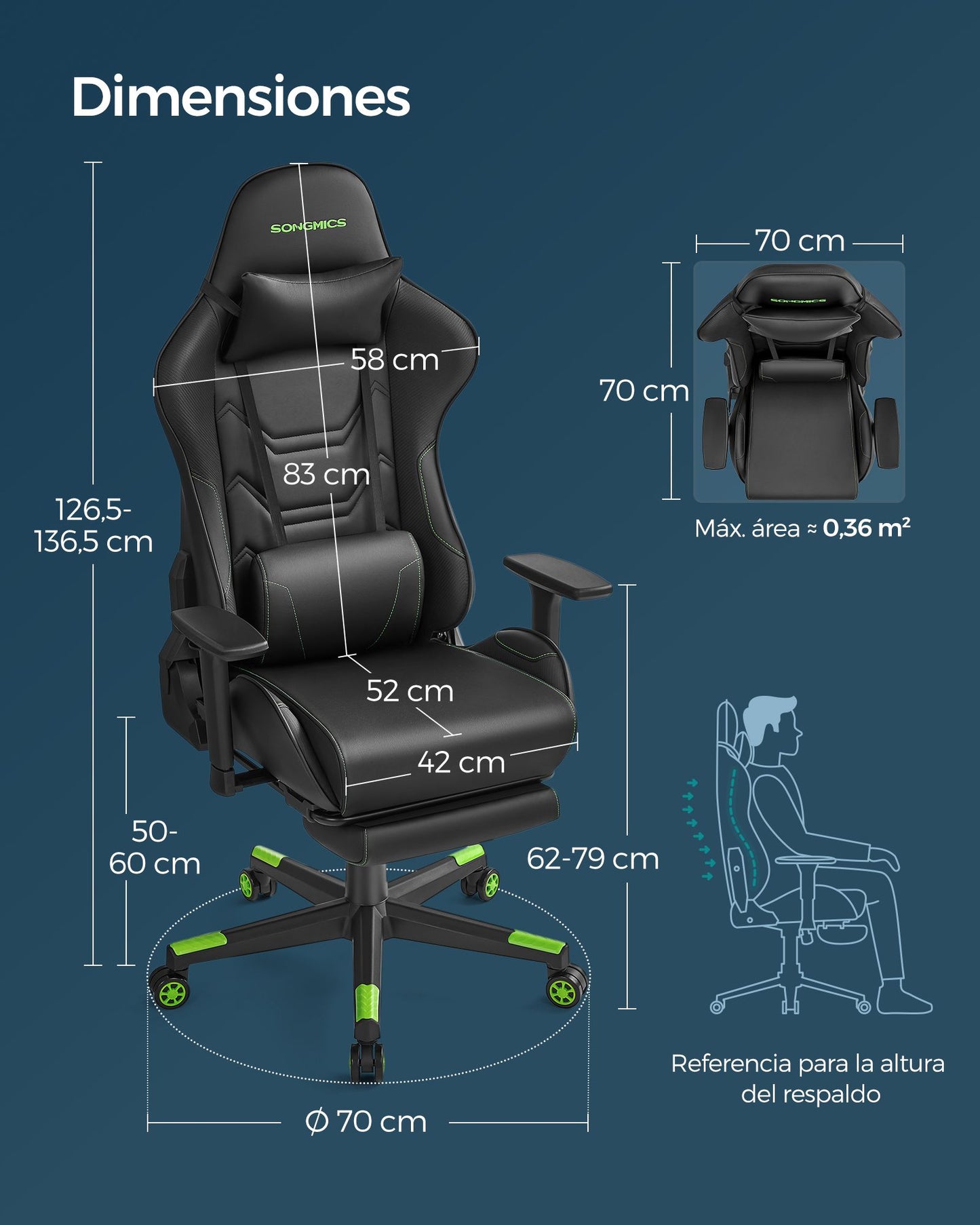 Silla Gaming Giratoria Ergonómica Reposapiés Negro y Verde-SONGMICS