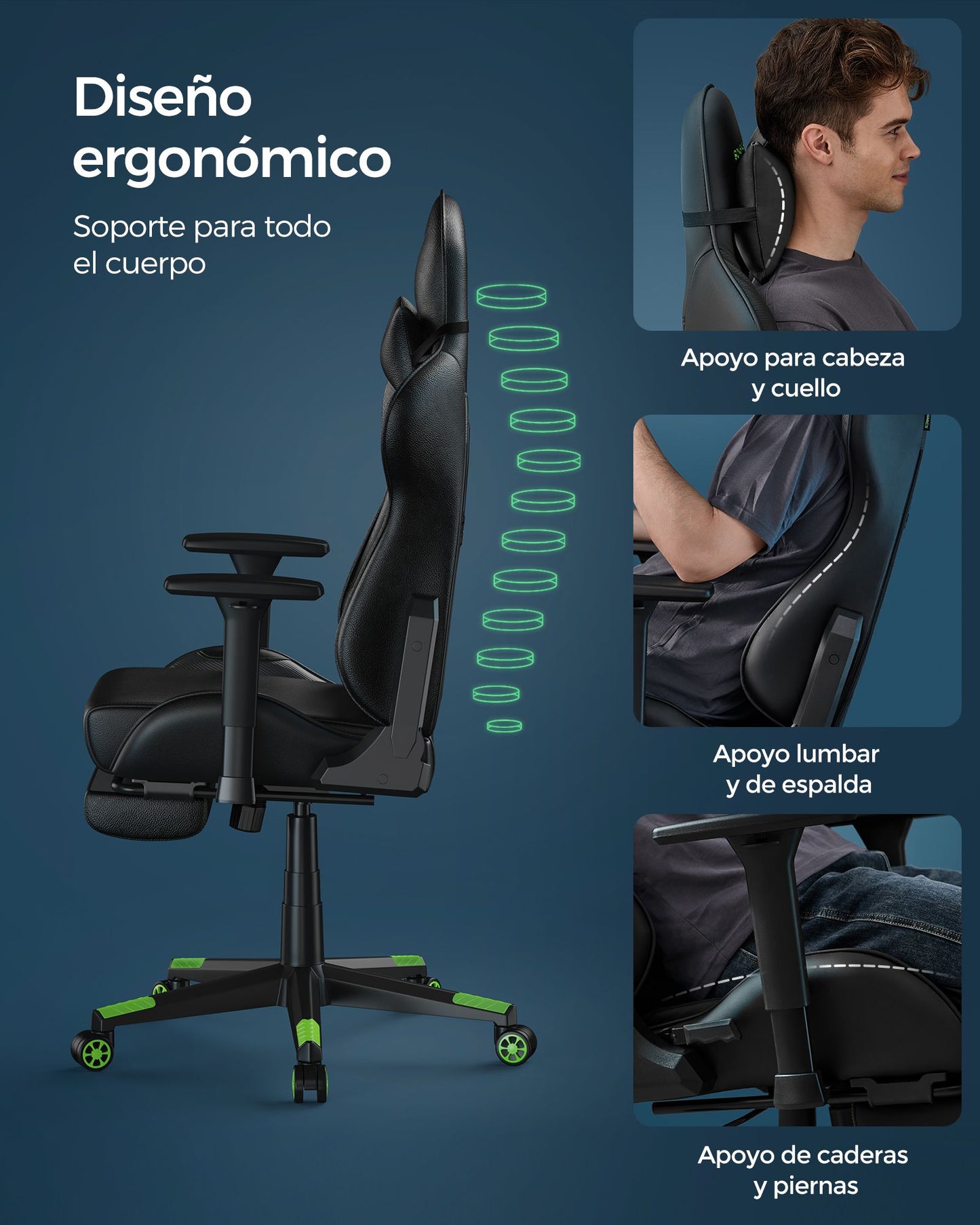 Silla Gaming Giratoria Ergonómica Reposapiés Negro y Verde-SONGMICS