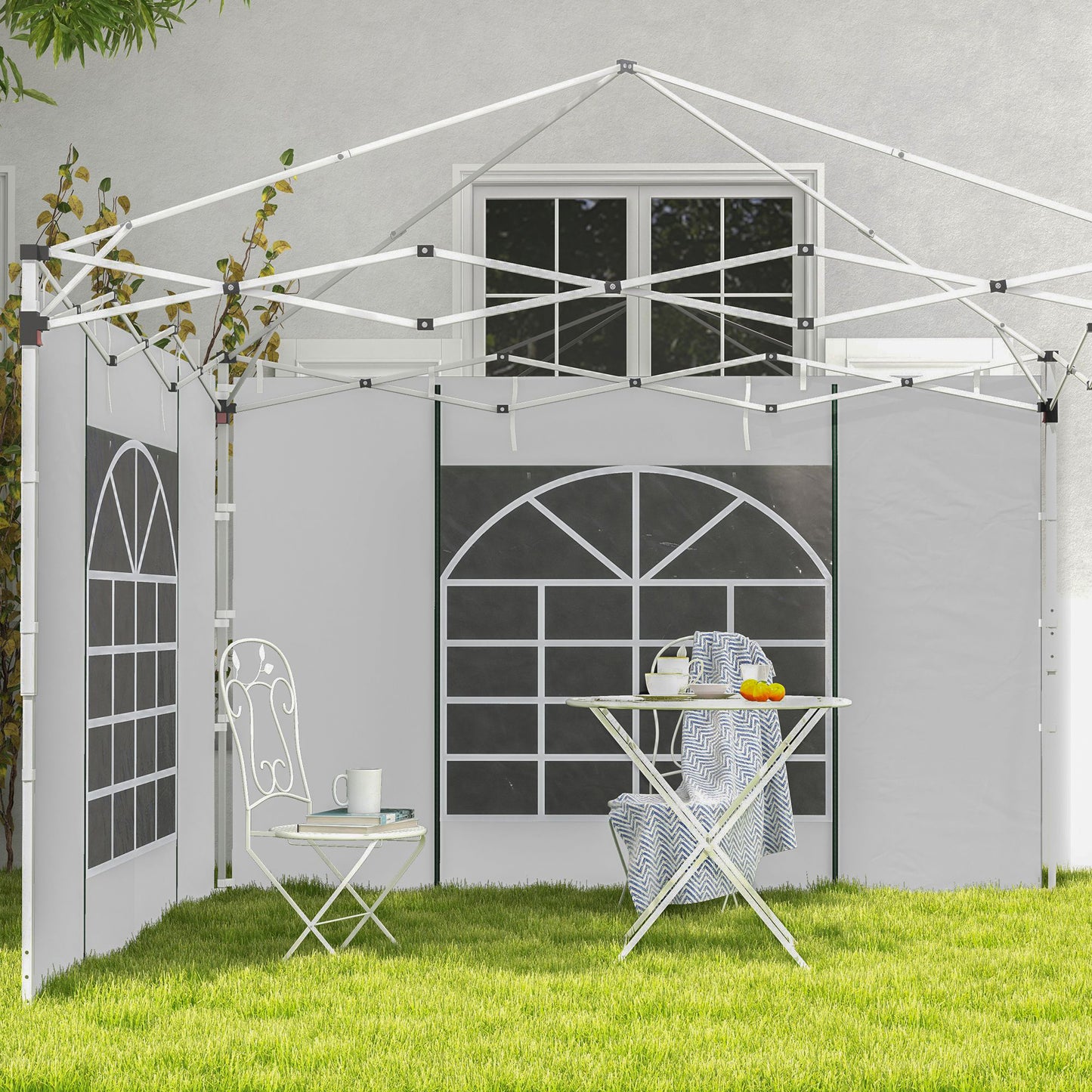 Outsunny Paredes Laterales para Carpa de 2 Paneles 295x195 cm Cortina Lateral de Tela Oxford con Ventana Enrollable y Puerta con Cremallera para Carpa 3x3 m o 3x6 m Blanco