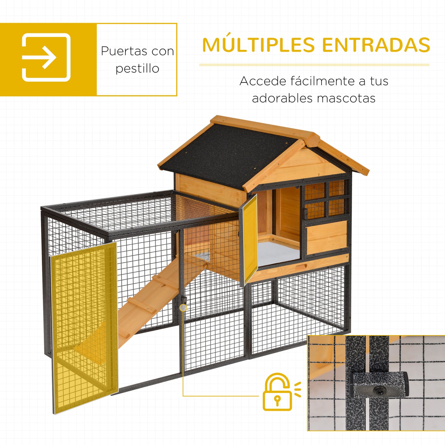 PawHut Conejera de Exterior Jaula para Mascotas Pequeñas 2 Niveles con Rampa Bandeja Extraíble de Madera y Metal 122x63x92 cm para Conejos Cobayas Madera y Gris