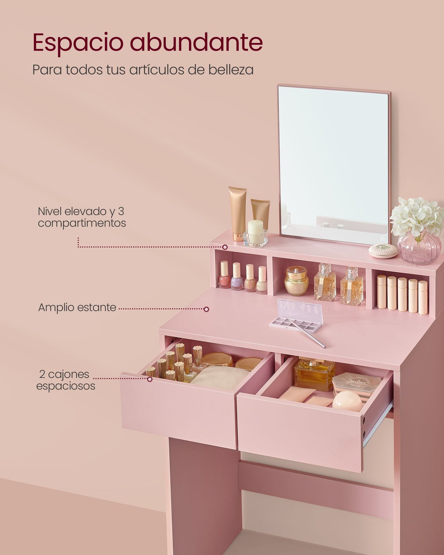 Tocador Mesa de Maquillaje con Espejo Rosa Jalea-VASAGLE