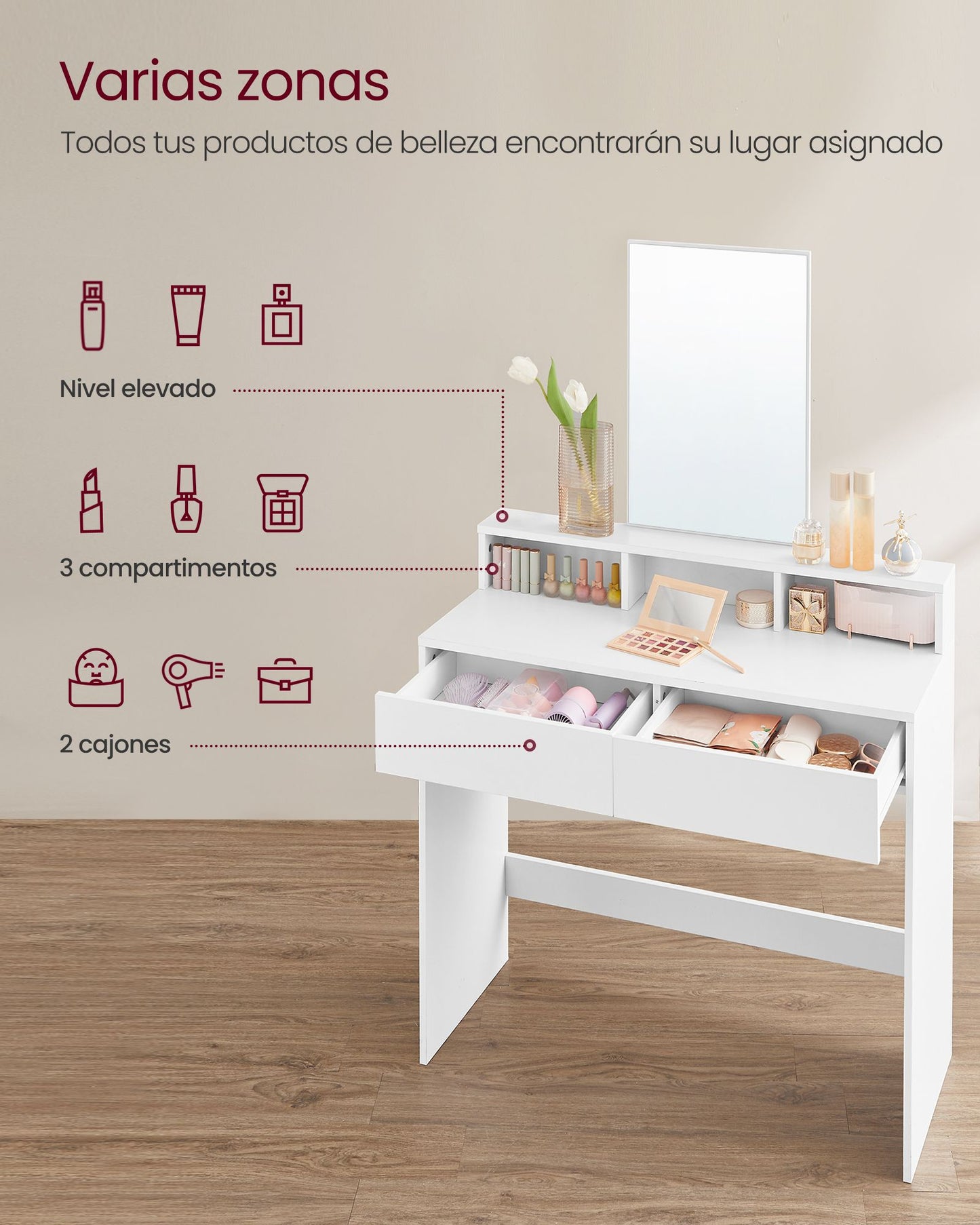 Tocador Mesa de Maquillaje con Espejo Grande Estilo Moderno Blanco-VASAGLE