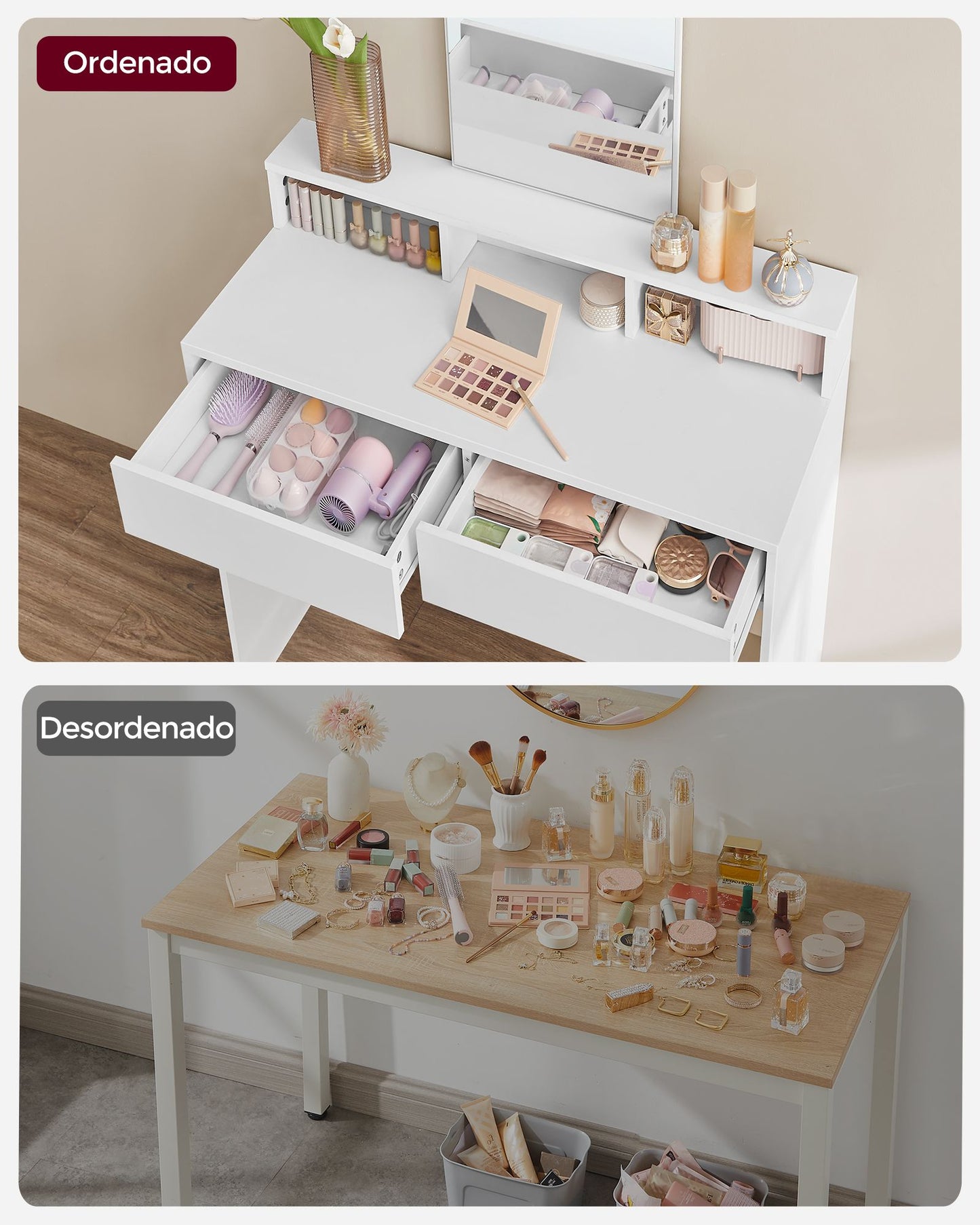 Tocador Mesa de Maquillaje con Espejo Grande Estilo Moderno Blanco-VASAGLE