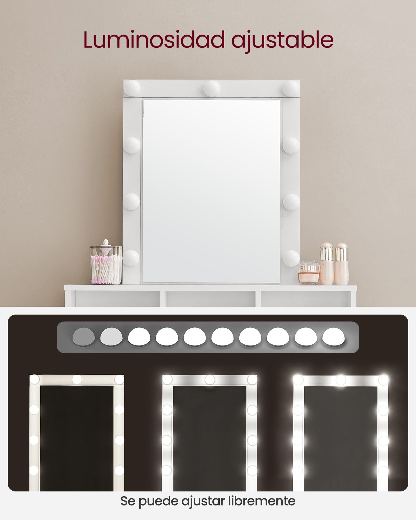 Tocador Luces LED con Brillo Ajustable Mesa de Maquillaje con Espejo Blanco-VASAGLE