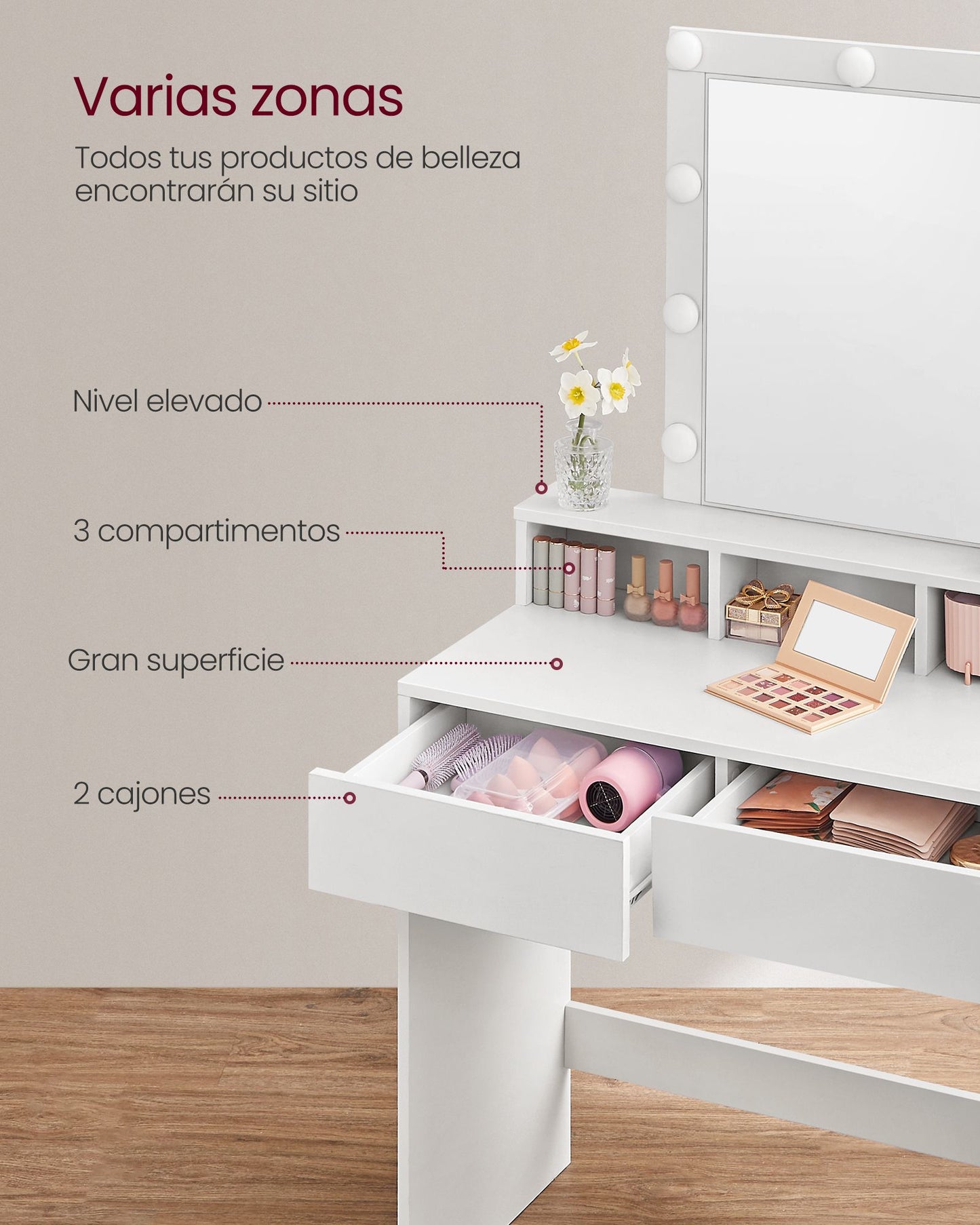 Tocador Luces LED con Brillo Ajustable Mesa de Maquillaje con Espejo Blanco-VASAGLE