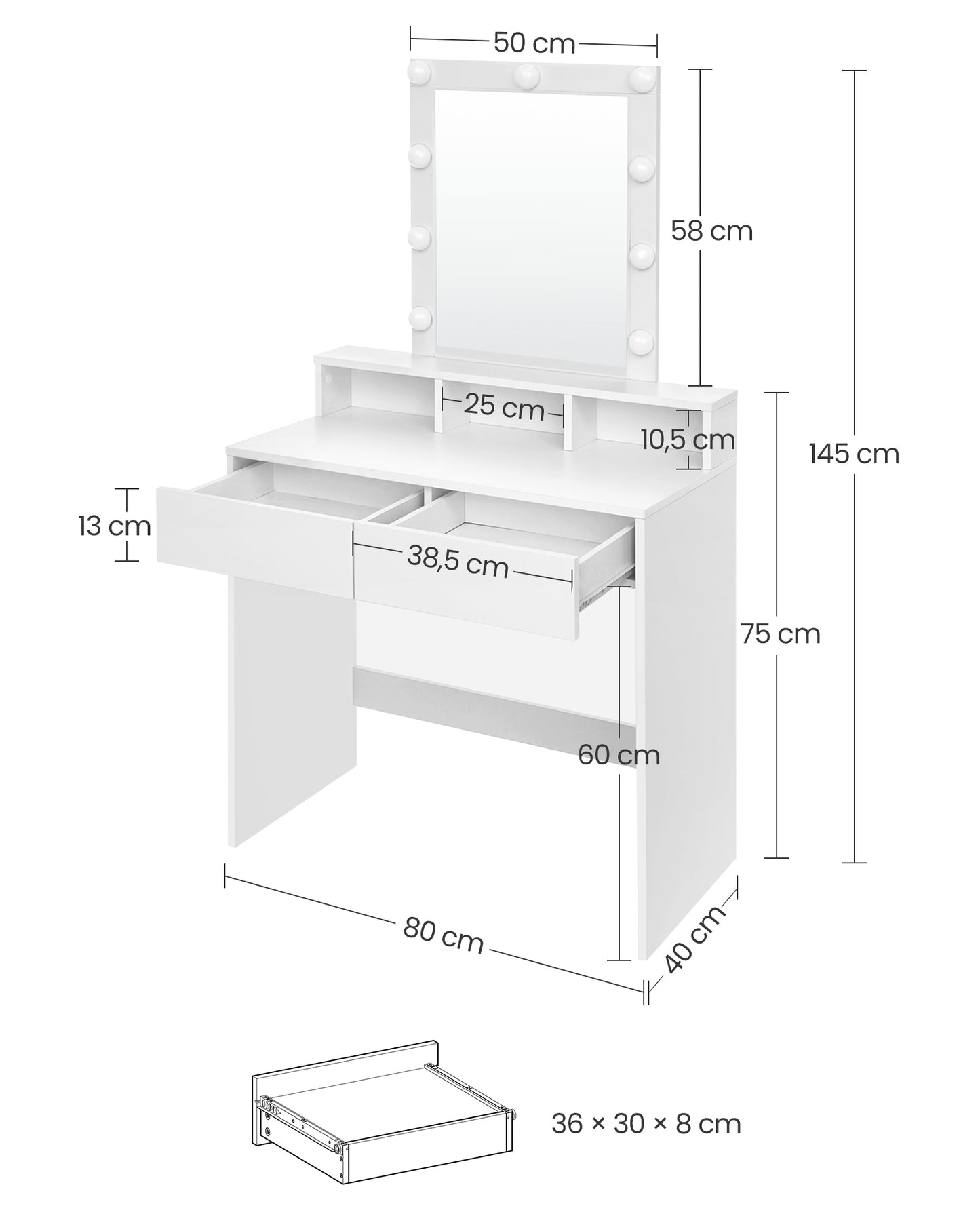 Tocador Luces LED con Brillo Ajustable Mesa de Maquillaje con Espejo Blanco-VASAGLE