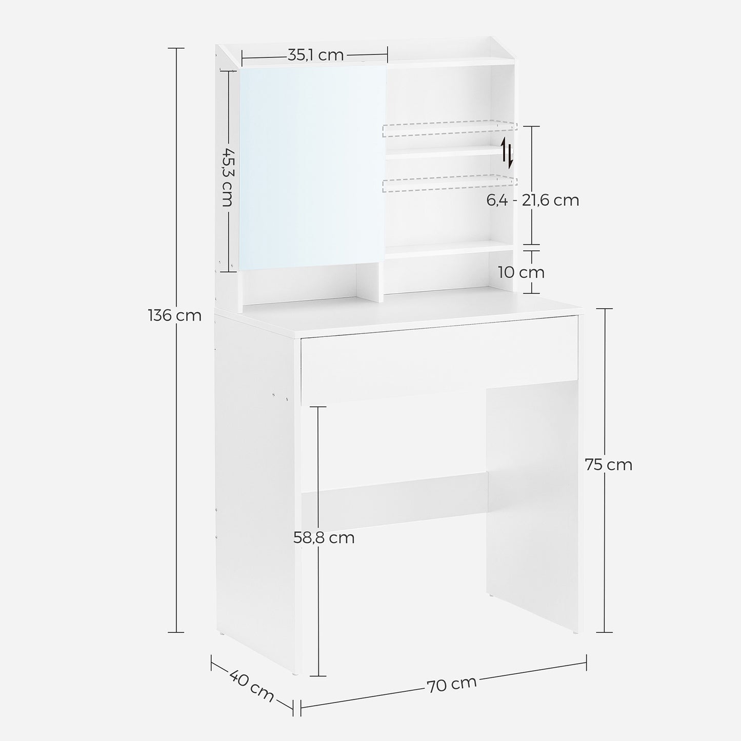 Tocador con Espejo Mesa de Maquillaje con Armario 70 x 40 x 136 cm Blanco-VASAGLE