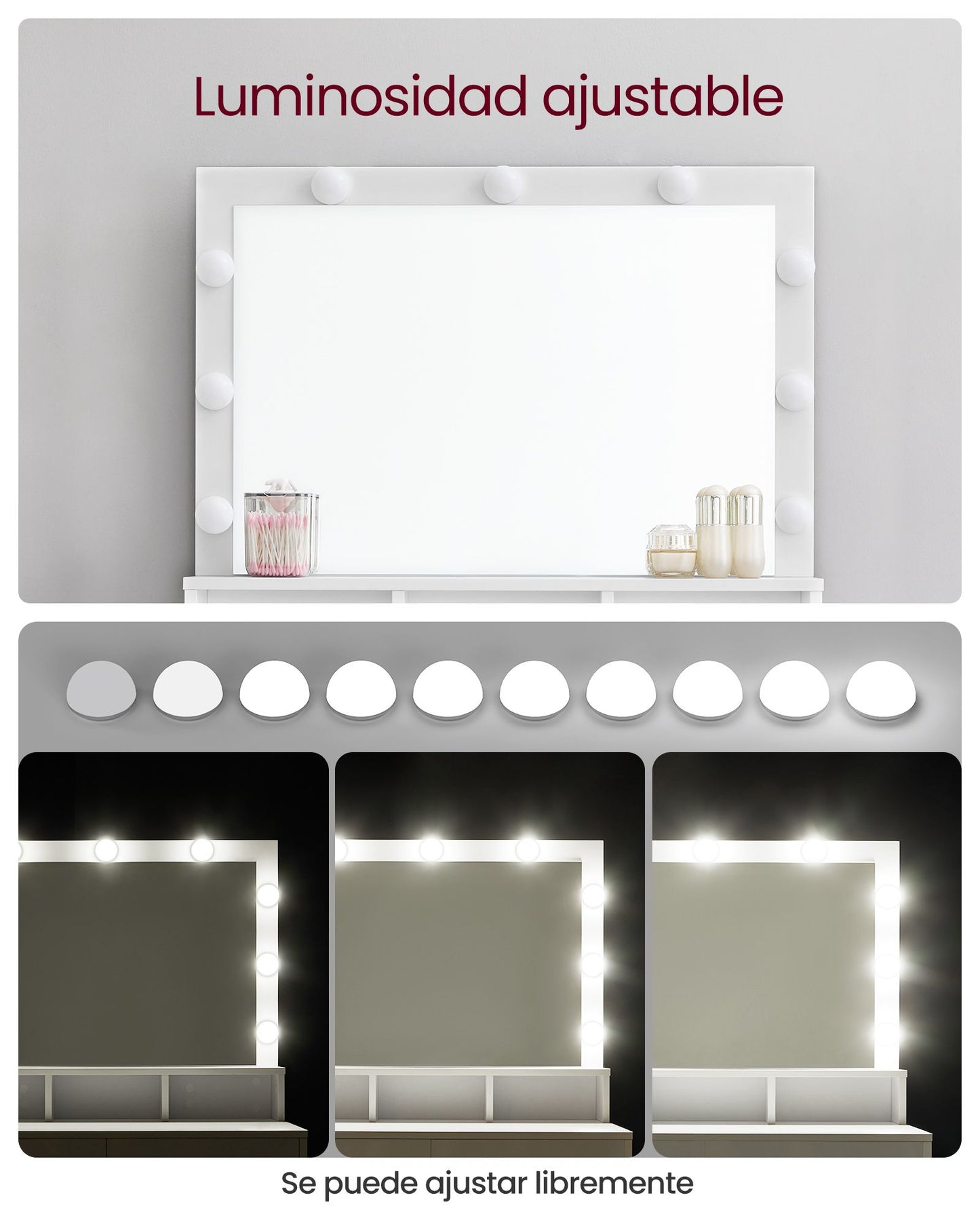 Tocador Mesa de Maquillaje con Espejo y Luces LED con Brillo Ajustable Moderno-VASAGLE