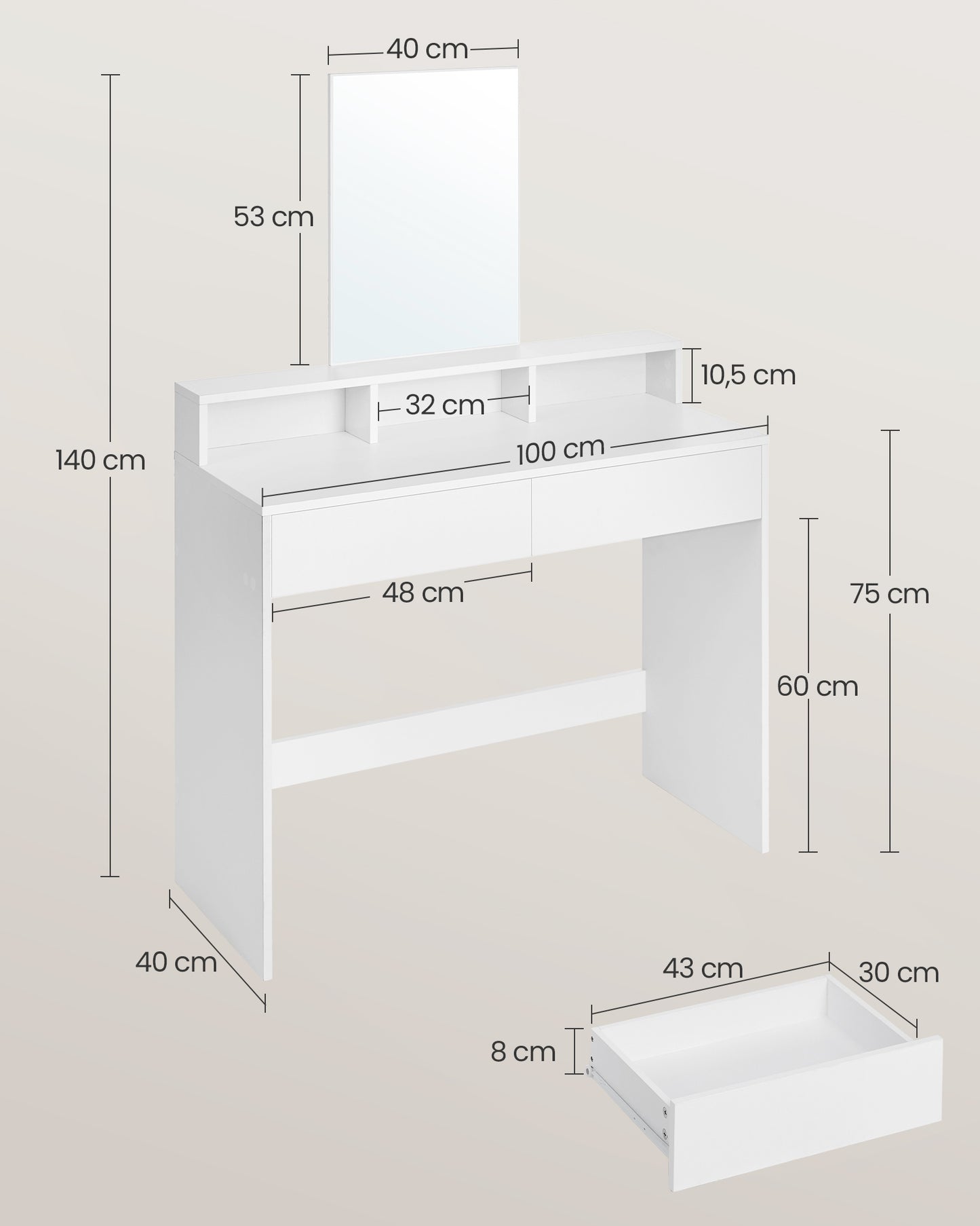 Tocador Mesa de Maquillaje con Espejo Grande Estilo Moderno Blanco-VASAGLE