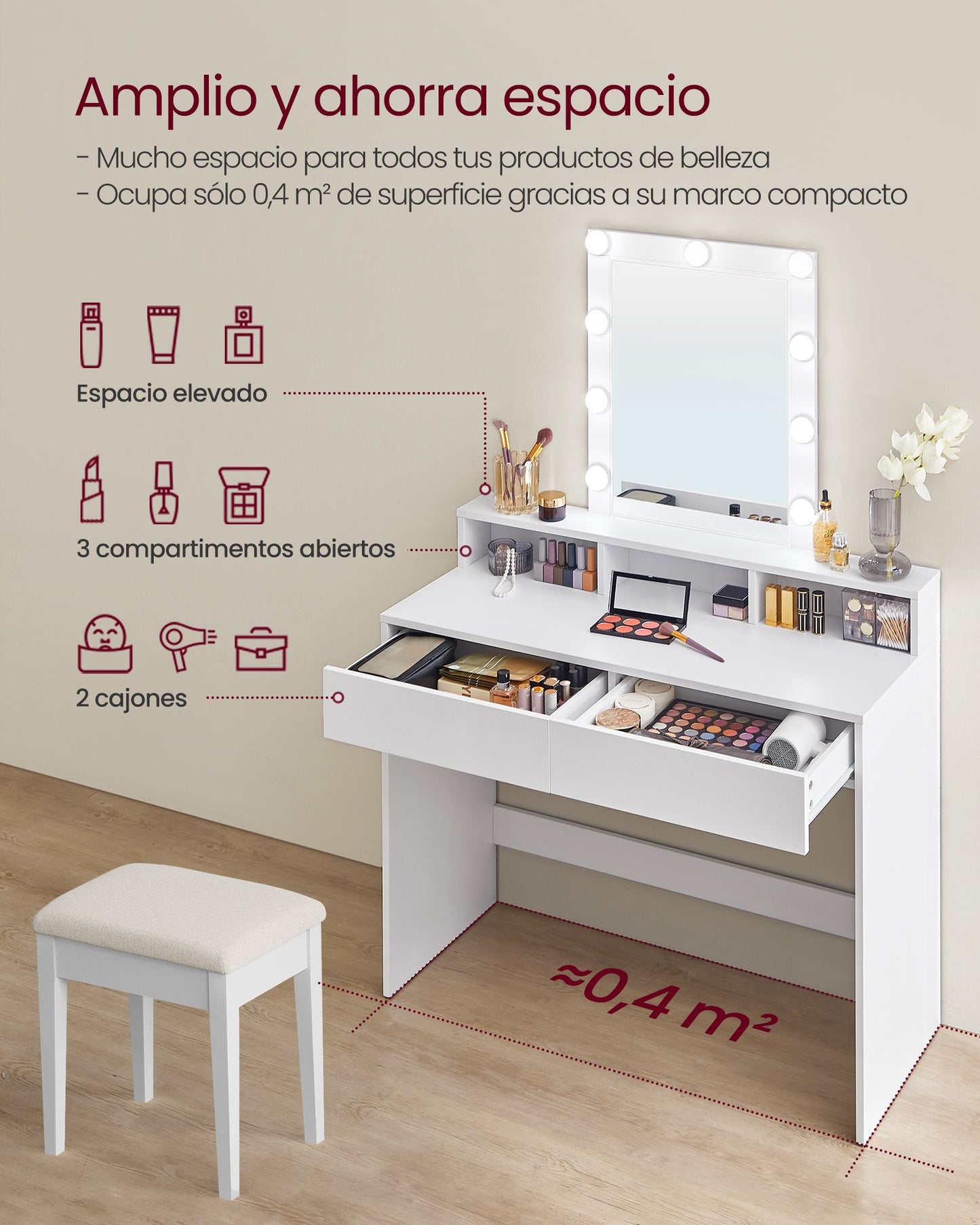 Tocador Luces LED con Brillo Ajustable Mesa de Maquillaje con Espejo-VASAGLE