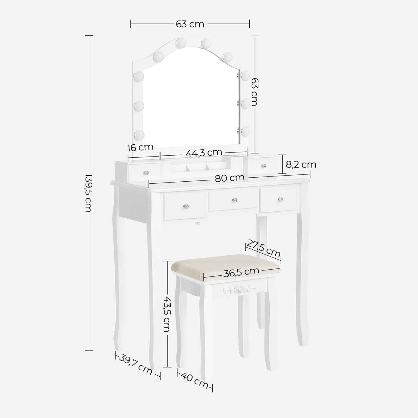 Juego de Tocador Mesa de Maquillaje con Taburete Acolchado Organizador Blanco-VASAGLE