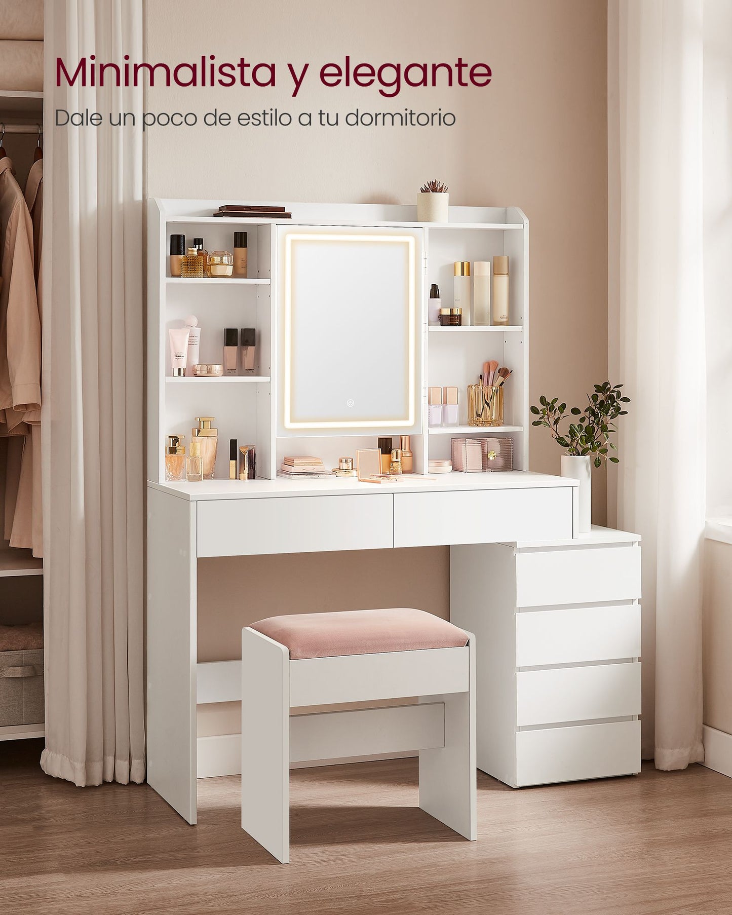 Tocador con Luces LED de Brillo Ajustable Mesa de Maquillaje con Espejo Blanco-VASAGLE