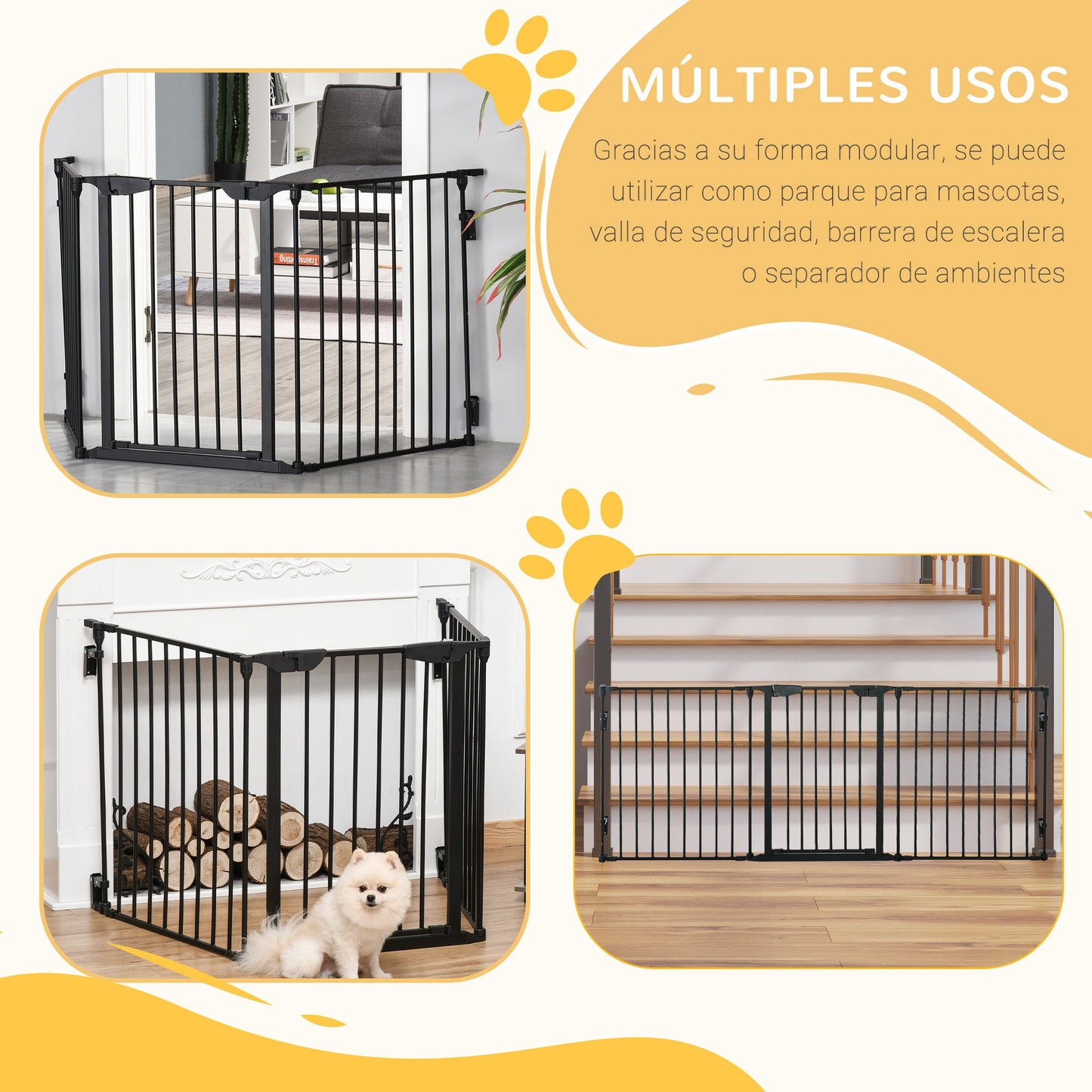 PawHut Barrera para Perros Plegable Valla para Mascotas de 3 Paneles con Cierre Inteligente Barrera de Seguridad para Escalera Pasillo 180x74,5 cm Negro