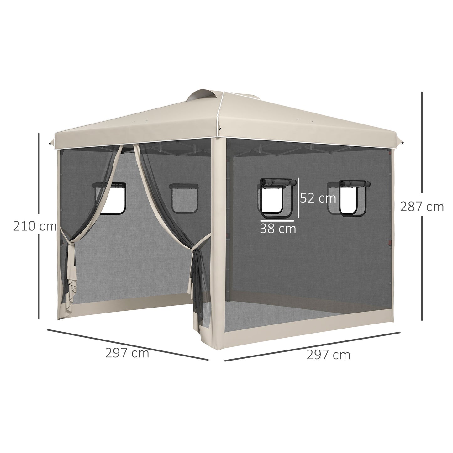 Outsunny Carpa Plegable 3x3 m Cenador de Jardín con Pared Lateral de Malla 6 Ventanas Altura Ajustable en 3 Niveles Protección Rayos UV30+ e Impermeable Gazebo para Exterior Camping Fiestas Beige