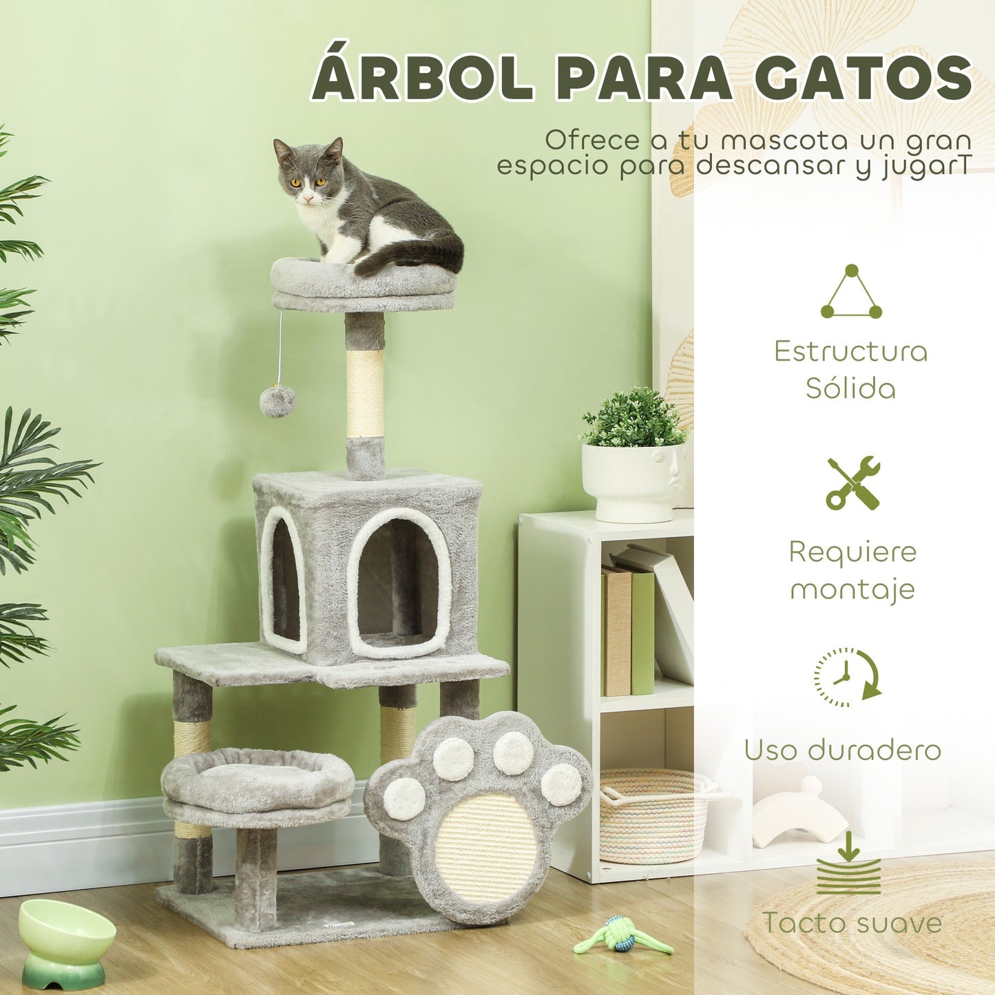 PawHut Árbol Rascador para Gatos 110 cm Árbol para Gatos Torre para Gatos con Nidos Cueva Plataforma Almohadilla de Rascado Bola Colgante Gris Claro