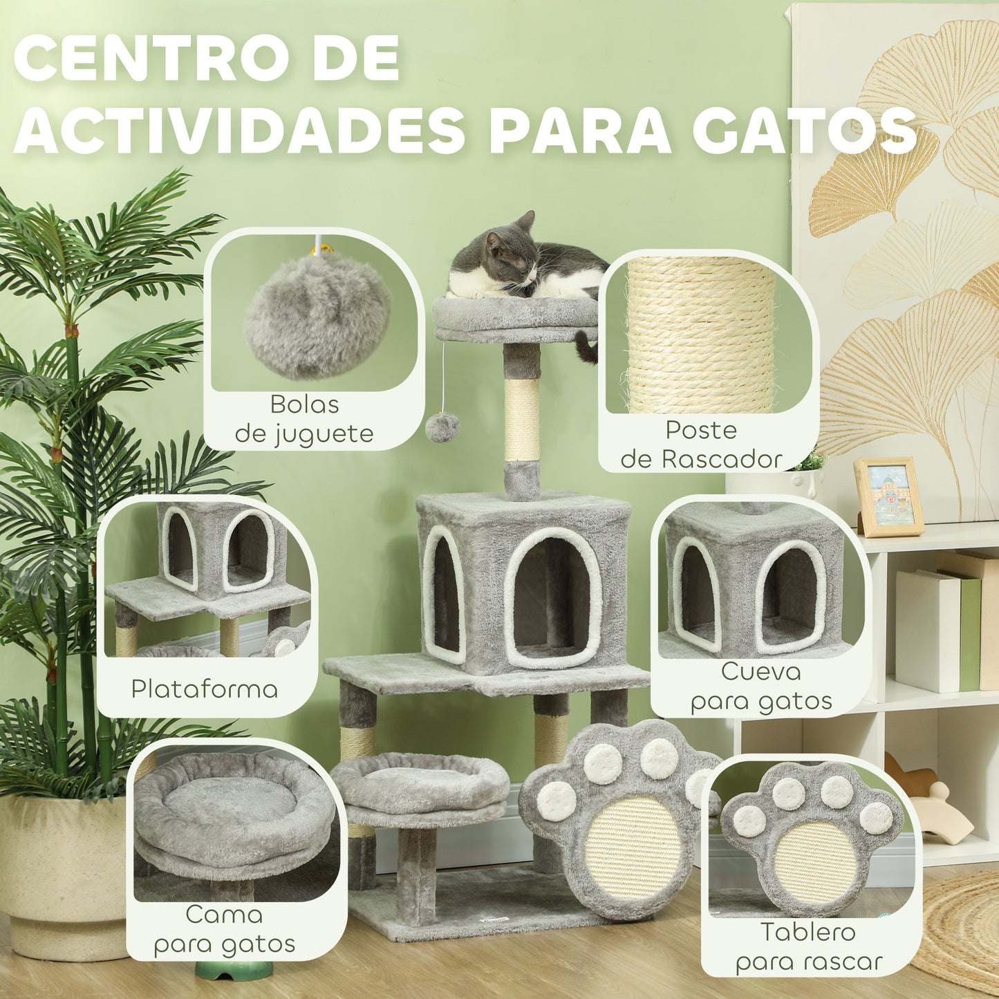 PawHut Árbol Rascador para Gatos 110 cm Árbol para Gatos Torre para Gatos con Nidos Cueva Plataforma Almohadilla de Rascado Bola Colgante Gris Claro