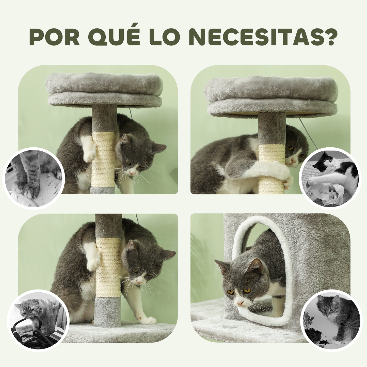 PawHut Árbol Rascador para Gatos 110 cm Árbol para Gatos Torre para Gatos con Nidos Cueva Plataforma Almohadilla de Rascado Bola Colgante Gris Claro