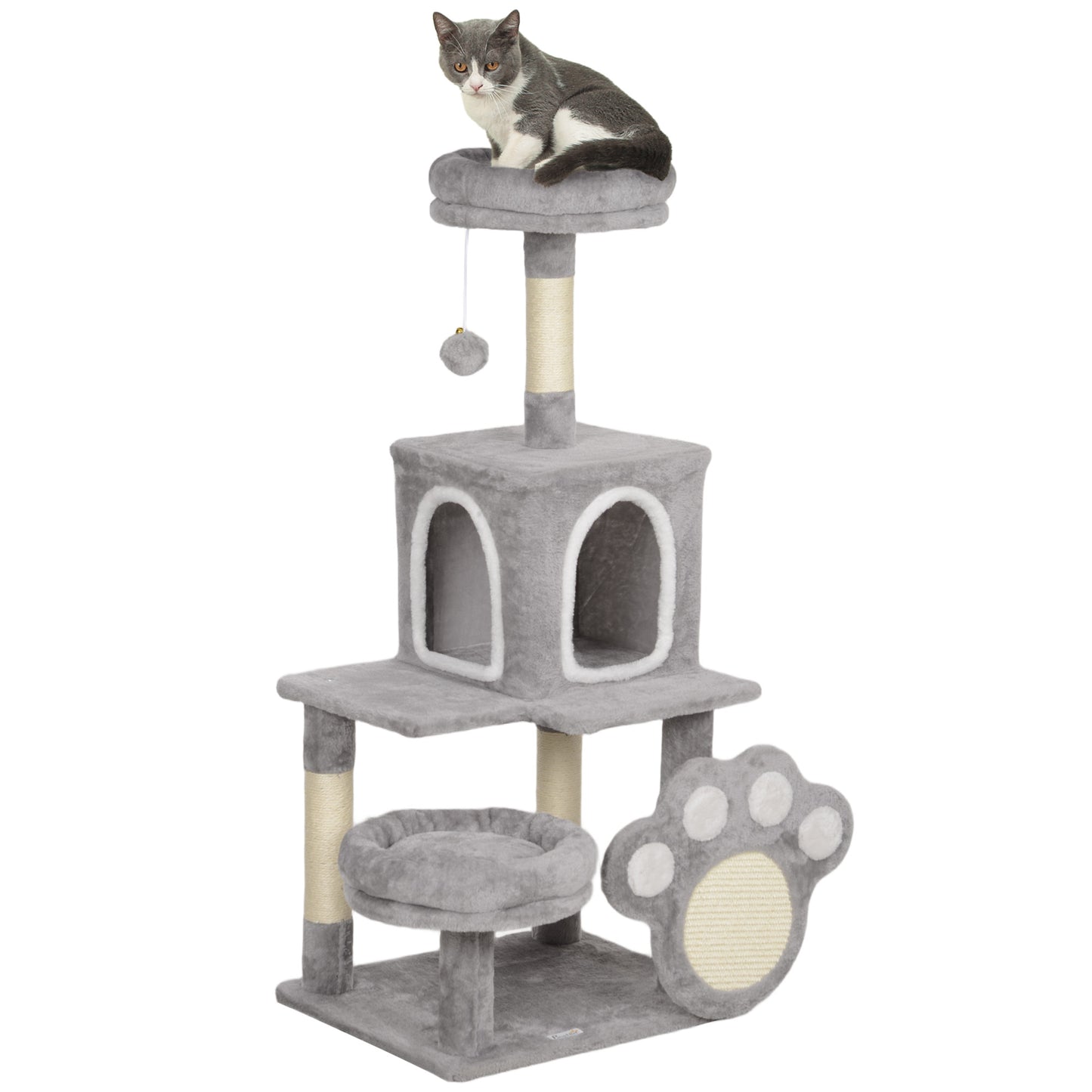 PawHut Árbol Rascador para Gatos 110 cm Árbol para Gatos Torre para Gatos con Nidos Cueva Plataforma Almohadilla de Rascado Bola Colgante Gris Claro