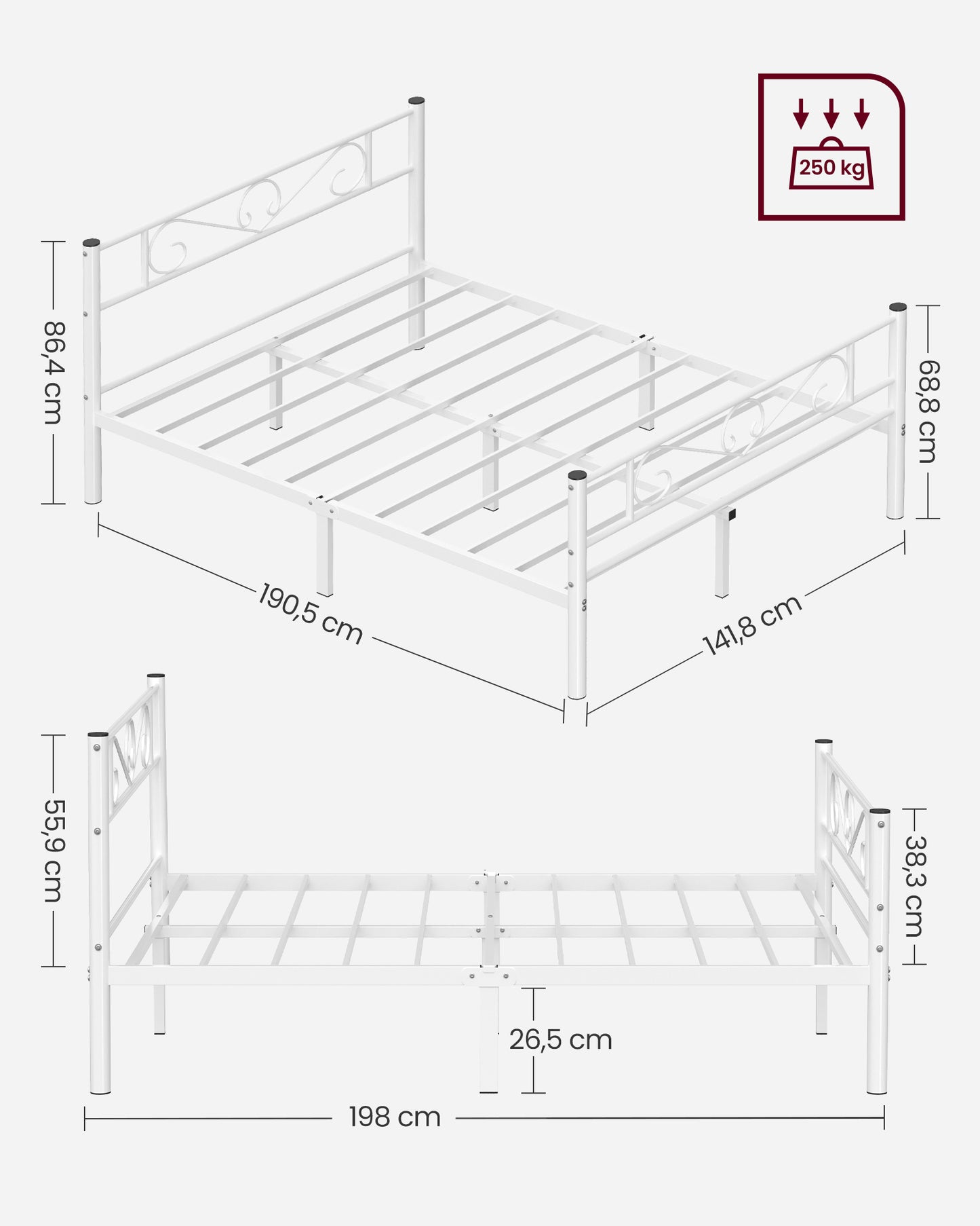 Marco de Cama Doble 140 x 190 cm Blanco-VASAGLE