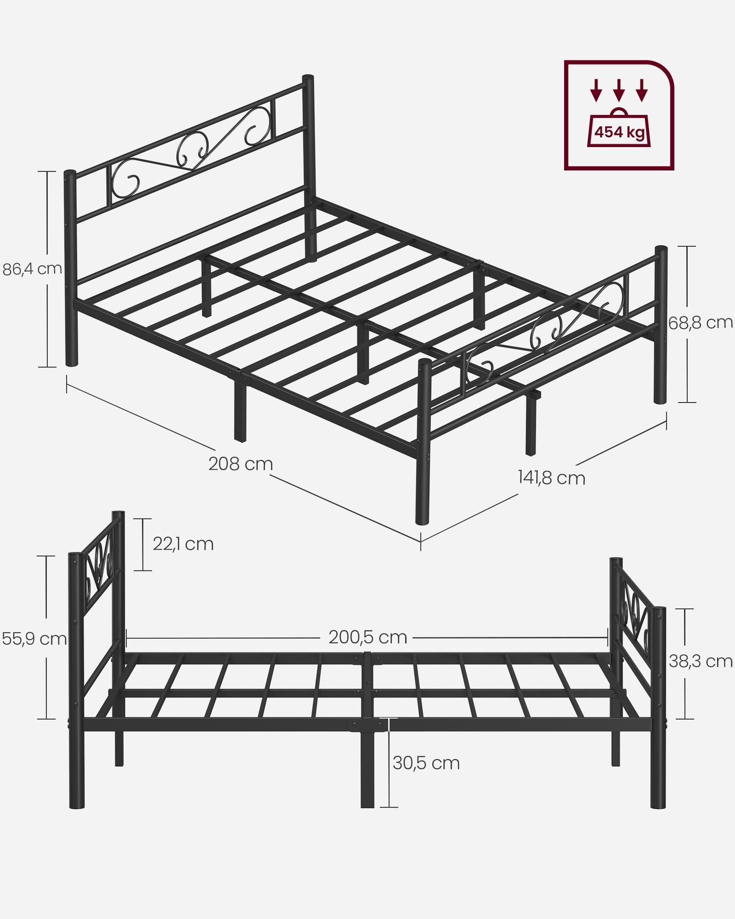 Marco de Cama Doble para Colchón de 140 x 200 cm Negro Tinta-VASAGLE