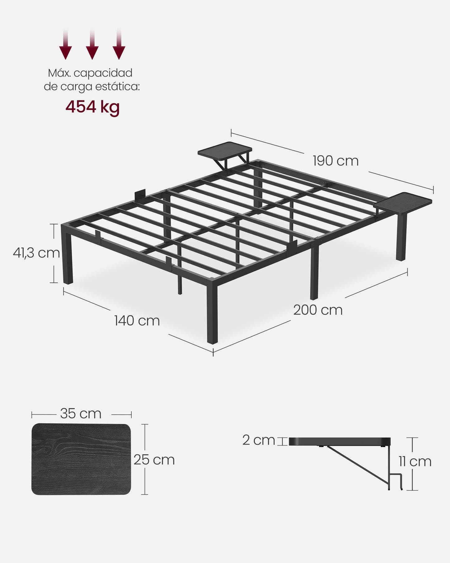 Marco de Cama Doble para Colchón de 140 x 200 cm Negro Clásico-VASAGLE