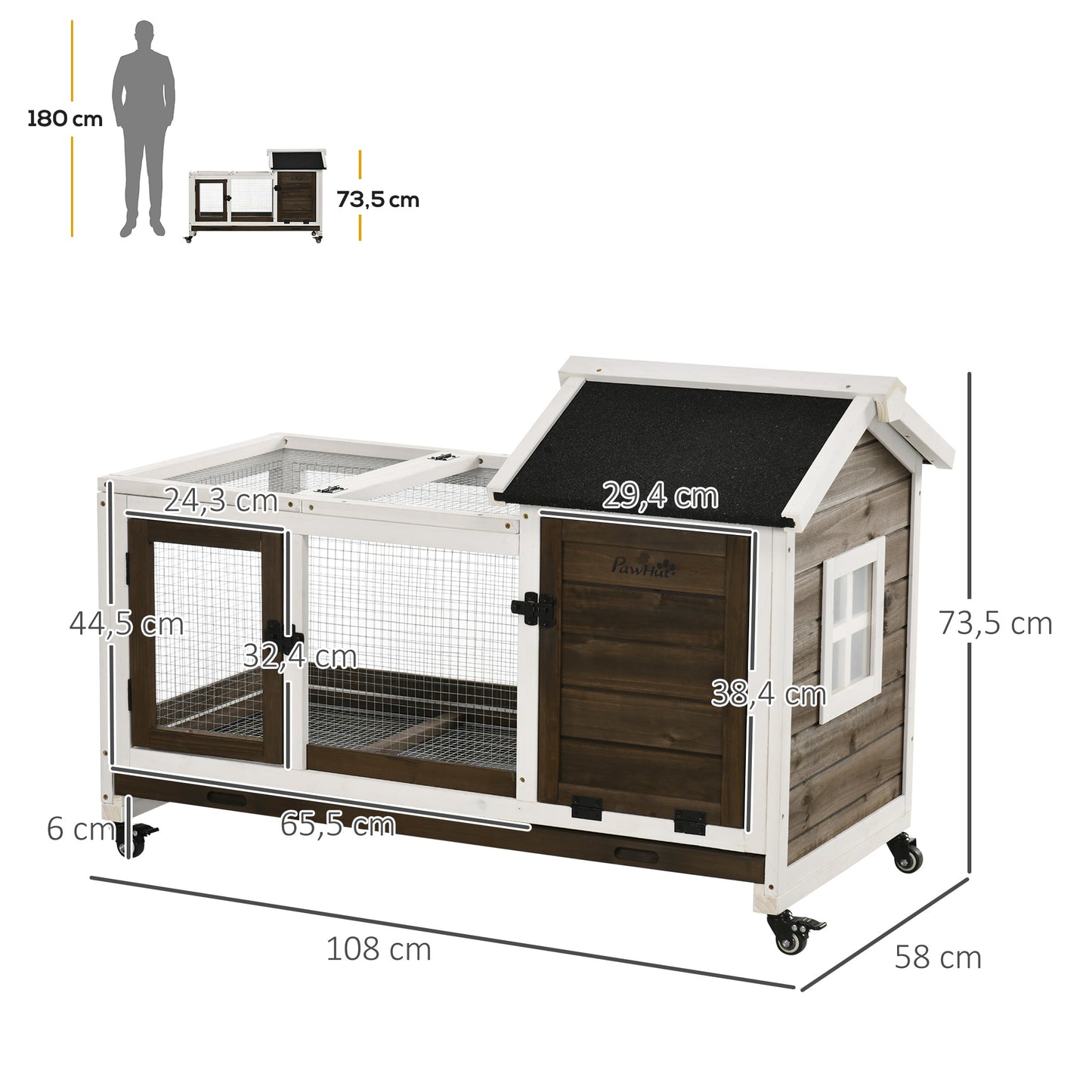 PawHut Conejera de Madera con Ruedas 108x58x73,5 cm Jaula para 1-2 Conejos con Techo Abrible Corral Metálico Bandeja Extraíble Puertas con Pestillo y Rampa Café