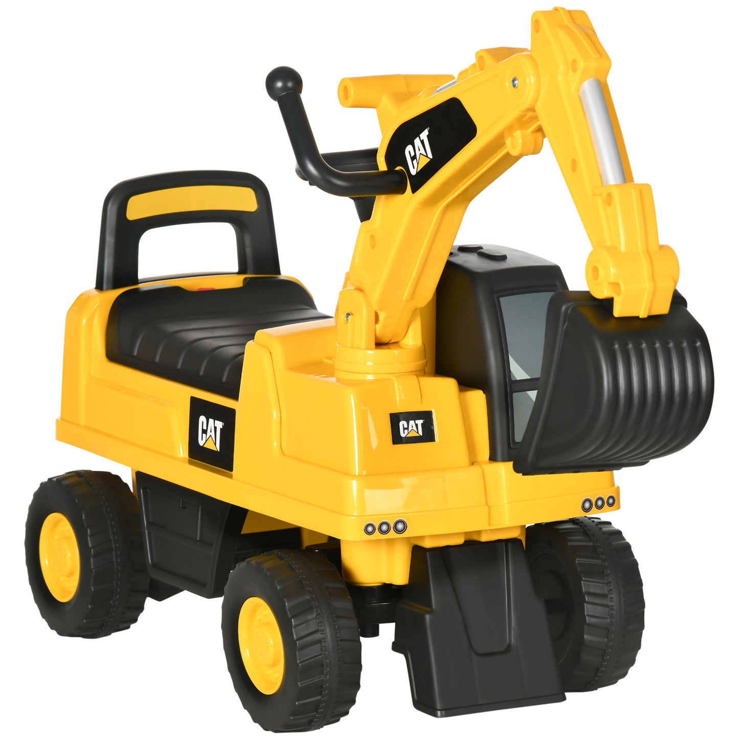 HOMCOM Excavadora con Licencia Caterpillar Excavadora Correpasillos para Niños de 12-36 Meses con Asiento de Almacenamiento Pala Delantera y Bocina Carga 25 kg 85x27,5x47,5 cm Amarillo