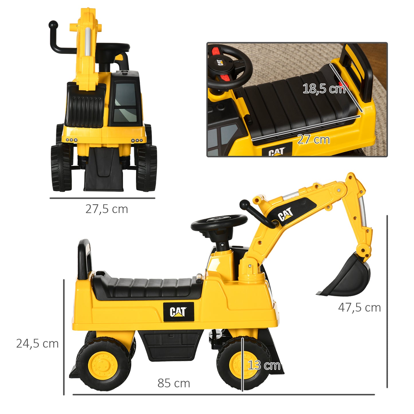 HOMCOM Excavadora con Licencia Caterpillar Excavadora Correpasillos para Niños de 12-36 Meses con Asiento de Almacenamiento Pala Delantera y Bocina Carga 25 kg 85x27,5x47,5 cm Amarillo