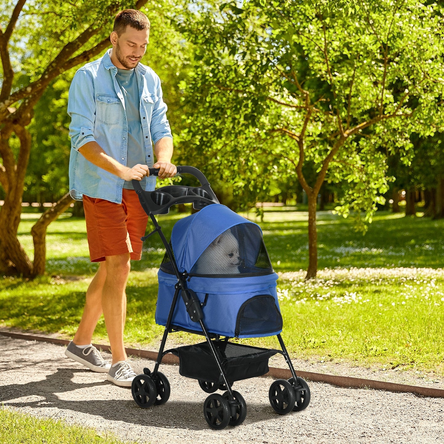 PawHut Cochecito para Perros Plegable Carrito para Perros Pequeños con Ruedas Universales Cesta de Almacenaje Correas de Seguridad y Ventanas 67x45x96 cm Azul