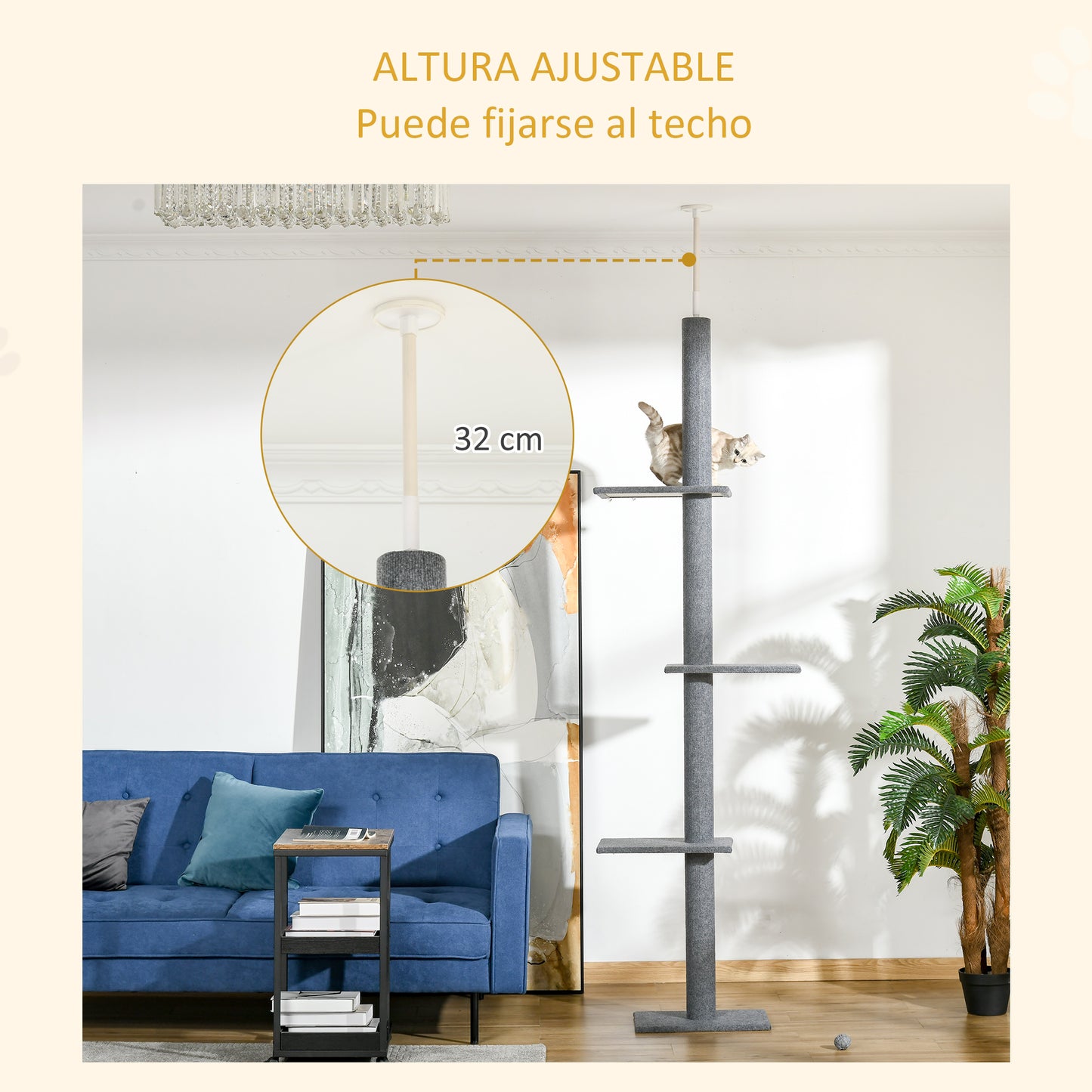 PawHut Árbol para Gatos del Suelo al Techo 43x27x228-260 cm Torre para Gatos con Altura Ajustable 4 Plataformas Espaciosas y Poste de Sisal Gris