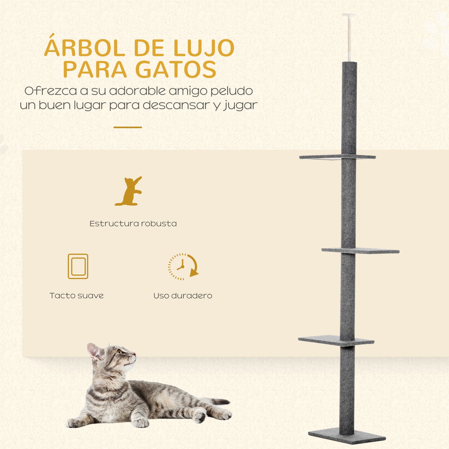 PawHut Árbol para Gatos del Suelo al Techo 43x27x228-260 cm Torre para Gatos con Altura Ajustable 4 Plataformas Espaciosas y Poste de Sisal Gris