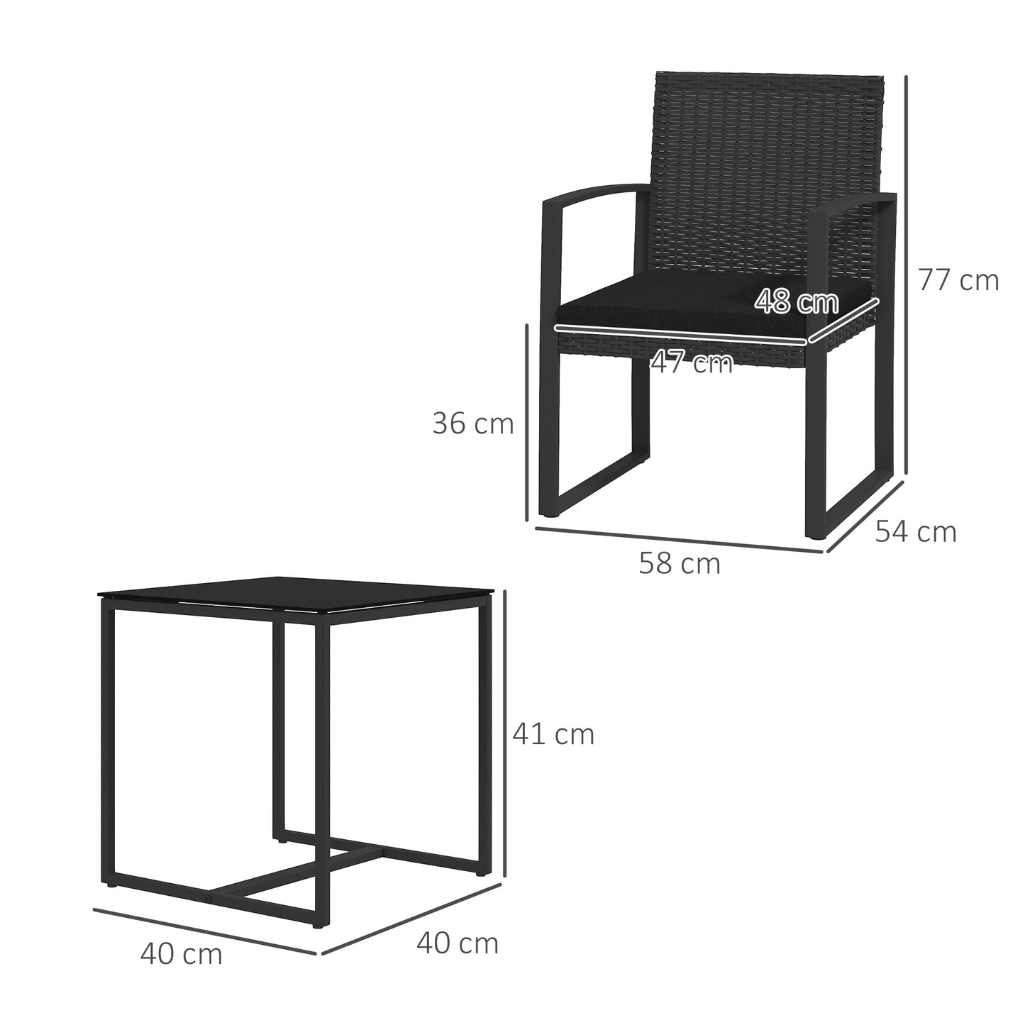 Outsunny Conjunto de Muebles de Jardín de Ratán Sintético Juego de 1 Mesa y 2 Sillas de Terraza con Cojines y Reposabrazos para Balcón Patio Negro