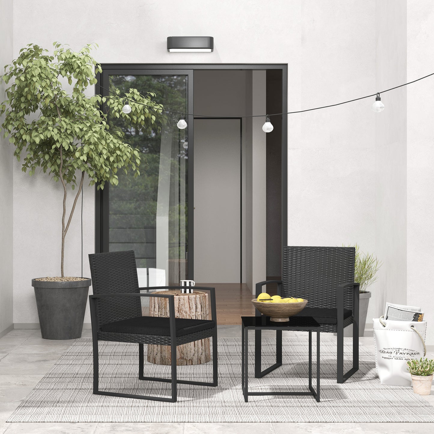 Outsunny Conjunto de Muebles de Jardín de Ratán Sintético Juego de 1 Mesa y 2 Sillas de Terraza con Cojines y Reposabrazos para Balcón Patio Negro