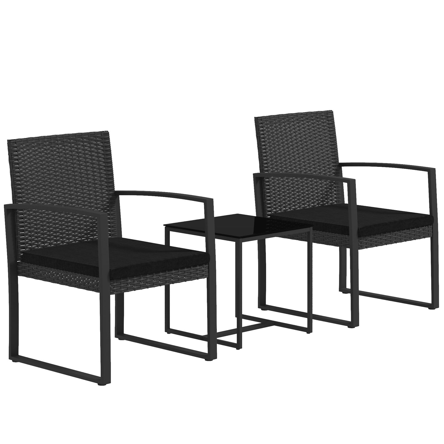 Outsunny Conjunto de Muebles de Jardín de Ratán Sintético Juego de 1 Mesa y 2 Sillas de Terraza con Cojines y Reposabrazos para Balcón Patio Negro