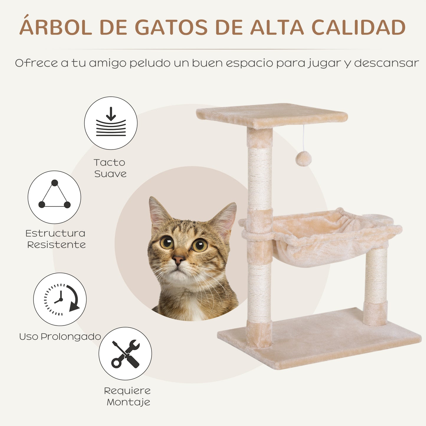 PawHut Árbol Rascador para Gatos Centro de Actividad Plataforma Caseta Postes de Sisal Hamaca Bola 50x36x70 cm Beige