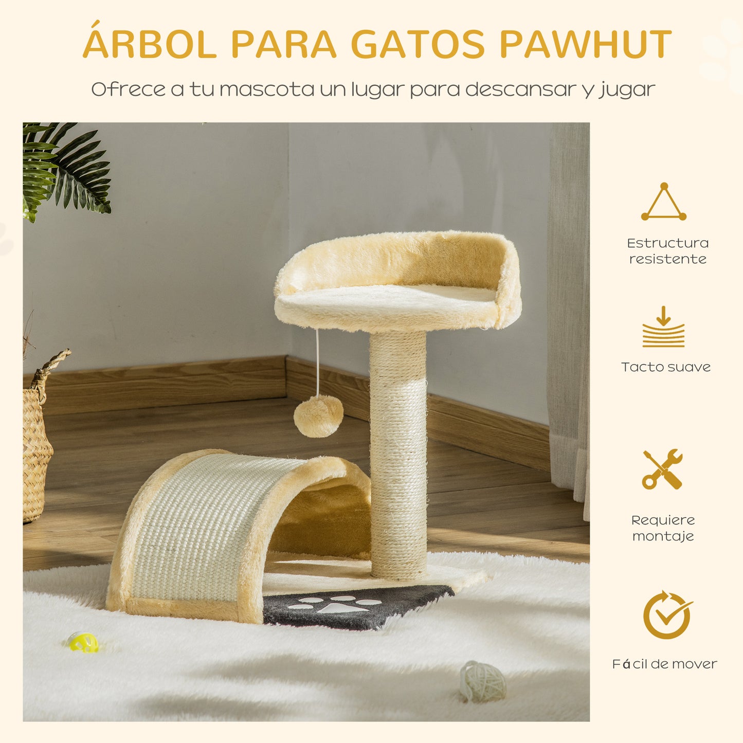 PawHut Árbol Rascador para Gatos Pequeños Altura 46 cm de 2 Niveles Árbol para Gatos con Poste Tablero para Rascar Plataformas y Juguete de Bola Colgante 35,5x37x46 cm Beige