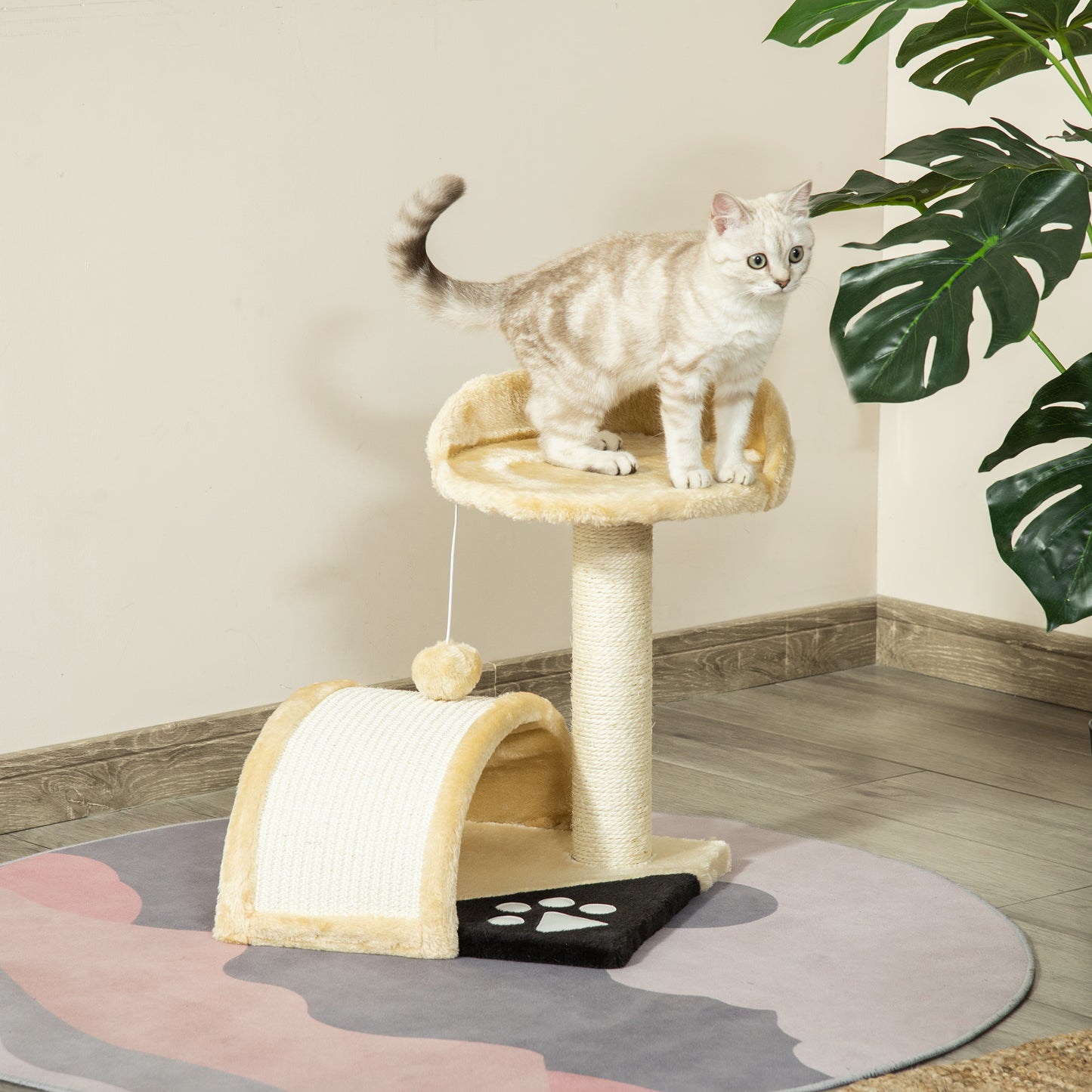 PawHut Árbol Rascador para Gatos Pequeños Altura 46 cm de 2 Niveles Árbol para Gatos con Poste Tablero para Rascar Plataformas y Juguete de Bola Colgante 35,5x37x46 cm Beige