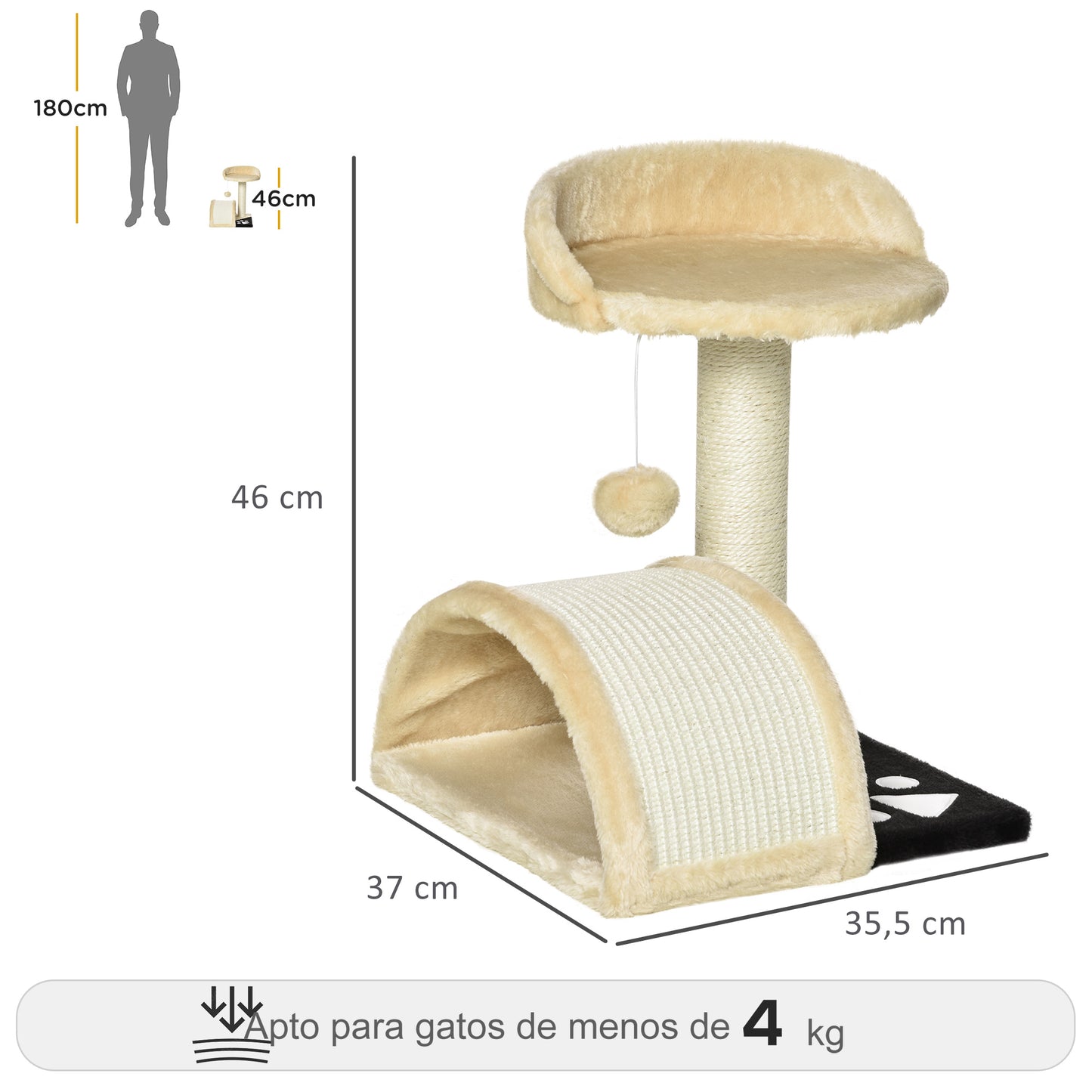 PawHut Árbol Rascador para Gatos Pequeños Altura 46 cm de 2 Niveles Árbol para Gatos con Poste Tablero para Rascar Plataformas y Juguete de Bola Colgante 35,5x37x46 cm Beige