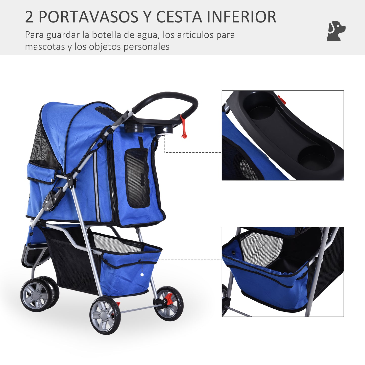 PawHut Carrito para Perros Plegable Cochecito para Mascotas Carrito para Perros Pequeños con Cesta de Almacenaje Ventanas de Malla y 2 Ruedas Universales 75x45x97 cm Azul