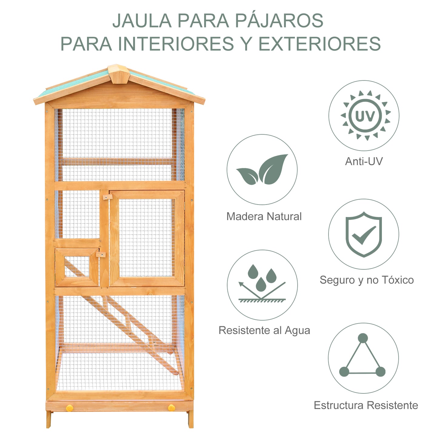 PawHut Jaula para Pájaros Grande 68x63x165 cm Pajarera de Madera de Abeto con 2 Puertas Bandeja Extraíble y Techo Asfáltico Madera