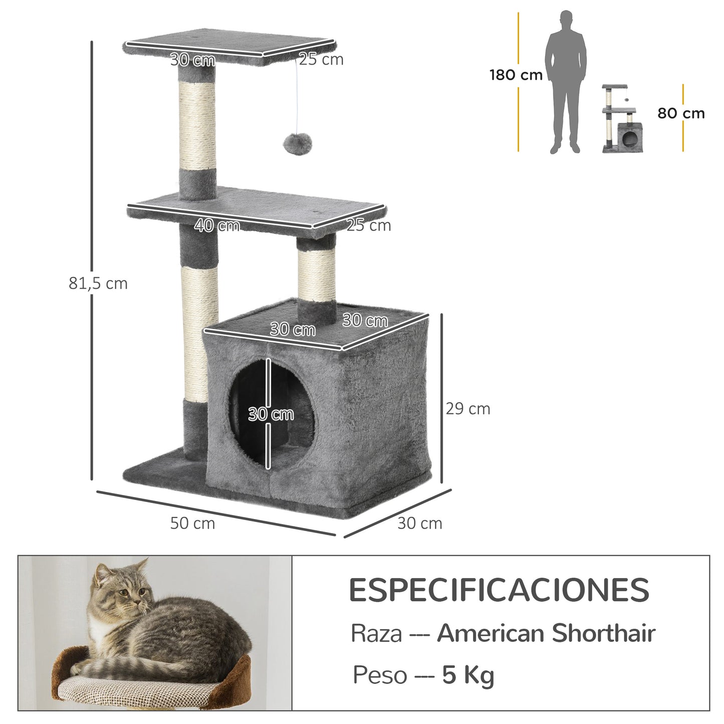 PawHut Árbol Rascador para Gatos 81,5 cm Torre para Gatos con Postes de Sisal 2 Plataformas Cueva y Bola Colgante Estilo Elegante 50x30x81,5 cm Gris