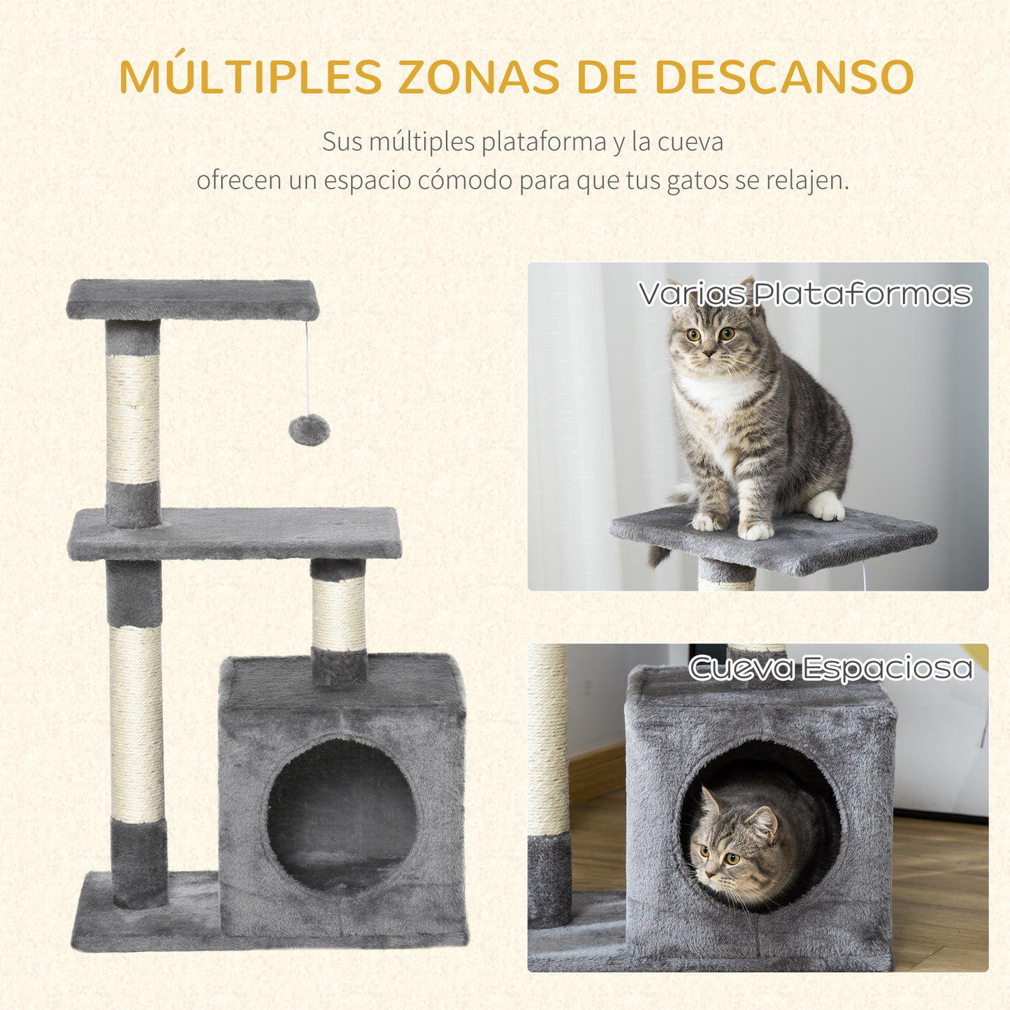 PawHut Árbol Rascador para Gatos 81,5 cm Torre para Gatos con Postes de Sisal 2 Plataformas Cueva y Bola Colgante Estilo Elegante 50x30x81,5 cm Gris