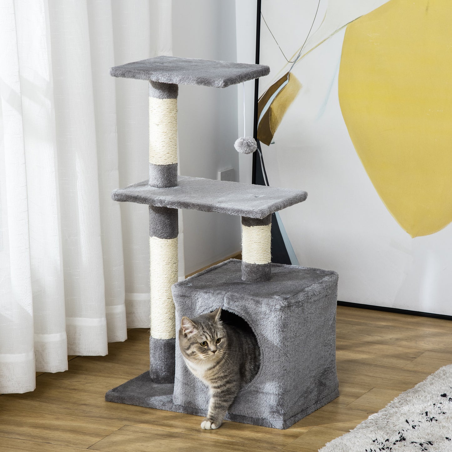 PawHut Árbol Rascador para Gatos 81,5 cm Torre para Gatos con Postes de Sisal 2 Plataformas Cueva y Bola Colgante Estilo Elegante 50x30x81,5 cm Gris